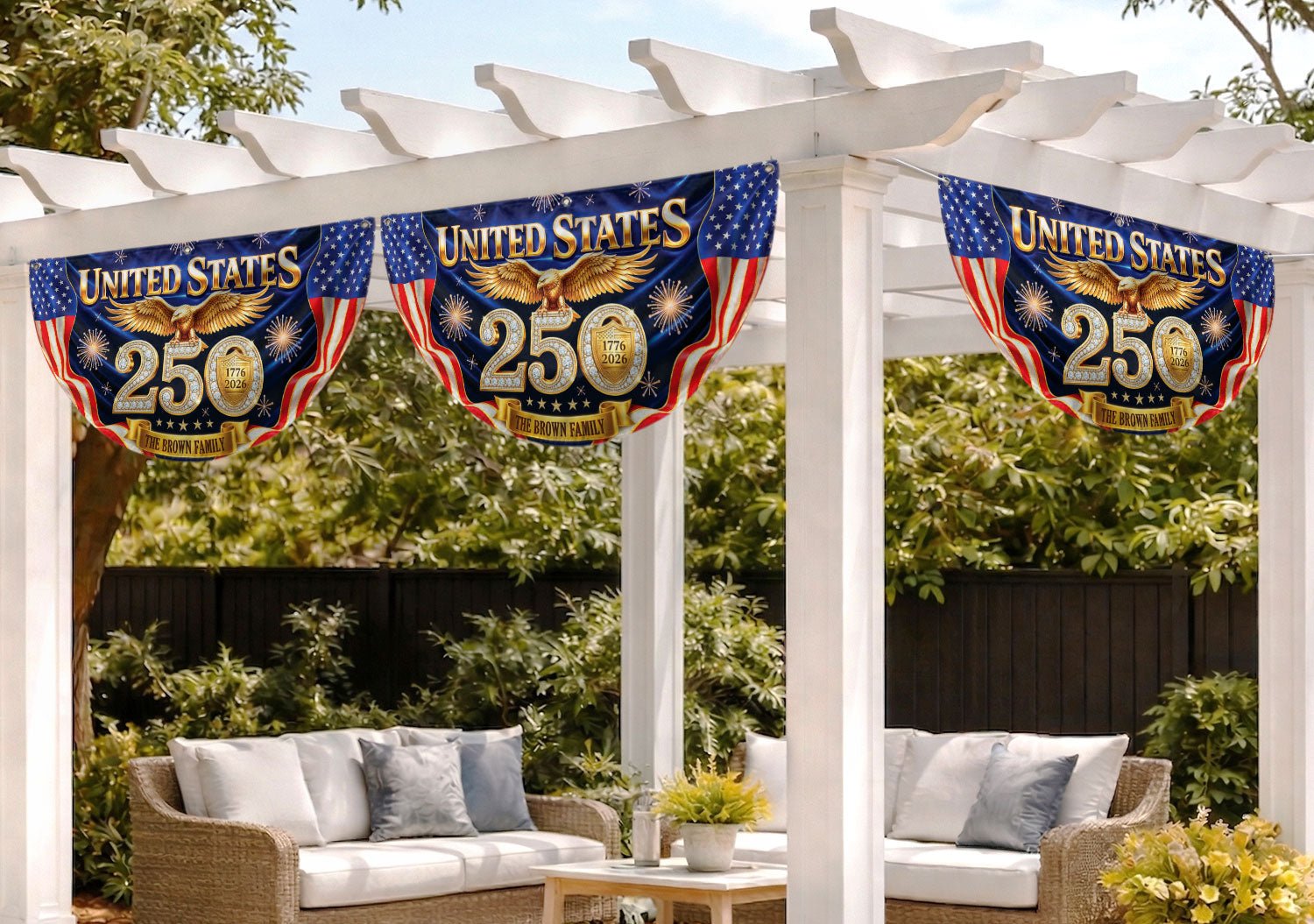 Custom Family Name United States 250 Years Patriot Golden Eagle 1776-2026 Fence Flag - Rust Field Wear