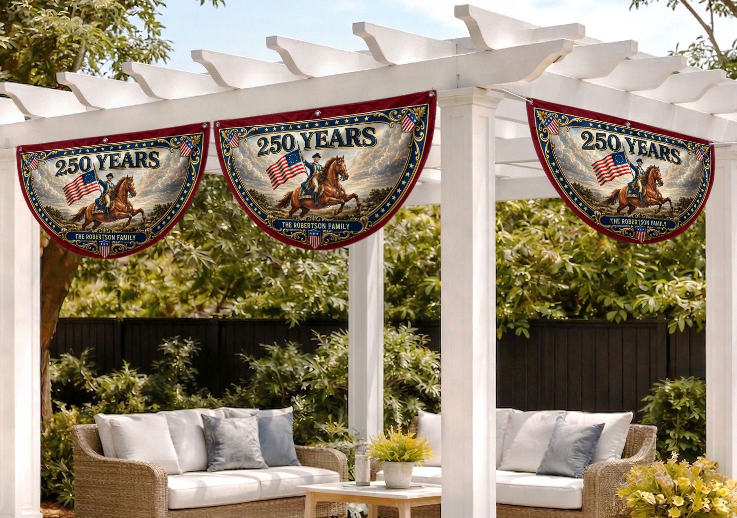 Custom Family Name 250 Years United States George Washington Patriot Bunting Fence Flag - Rust Field Wear