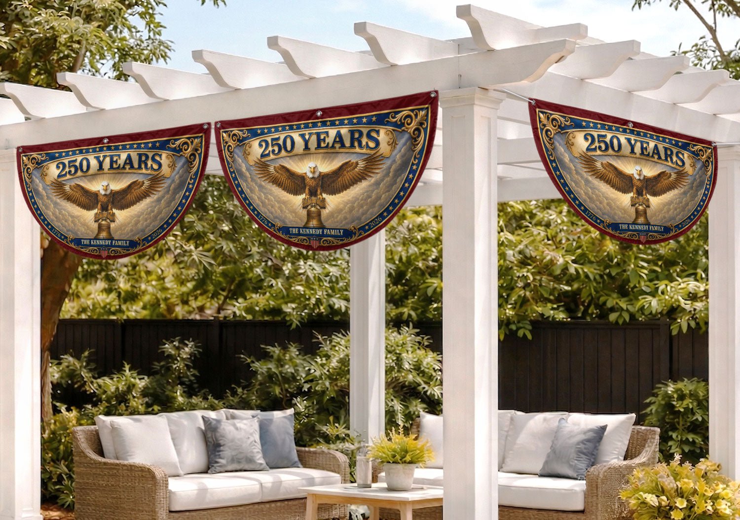 Custom Family Name 250 Years United States Patriot Eagle Liberty Bell Fence Flag - Rust Field Wear