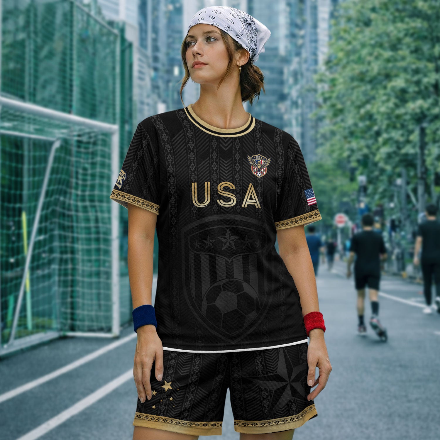 USA Soccer Jersey Patriotic American Eagle Black Gold Shield Football Shirt Men Women Gear
