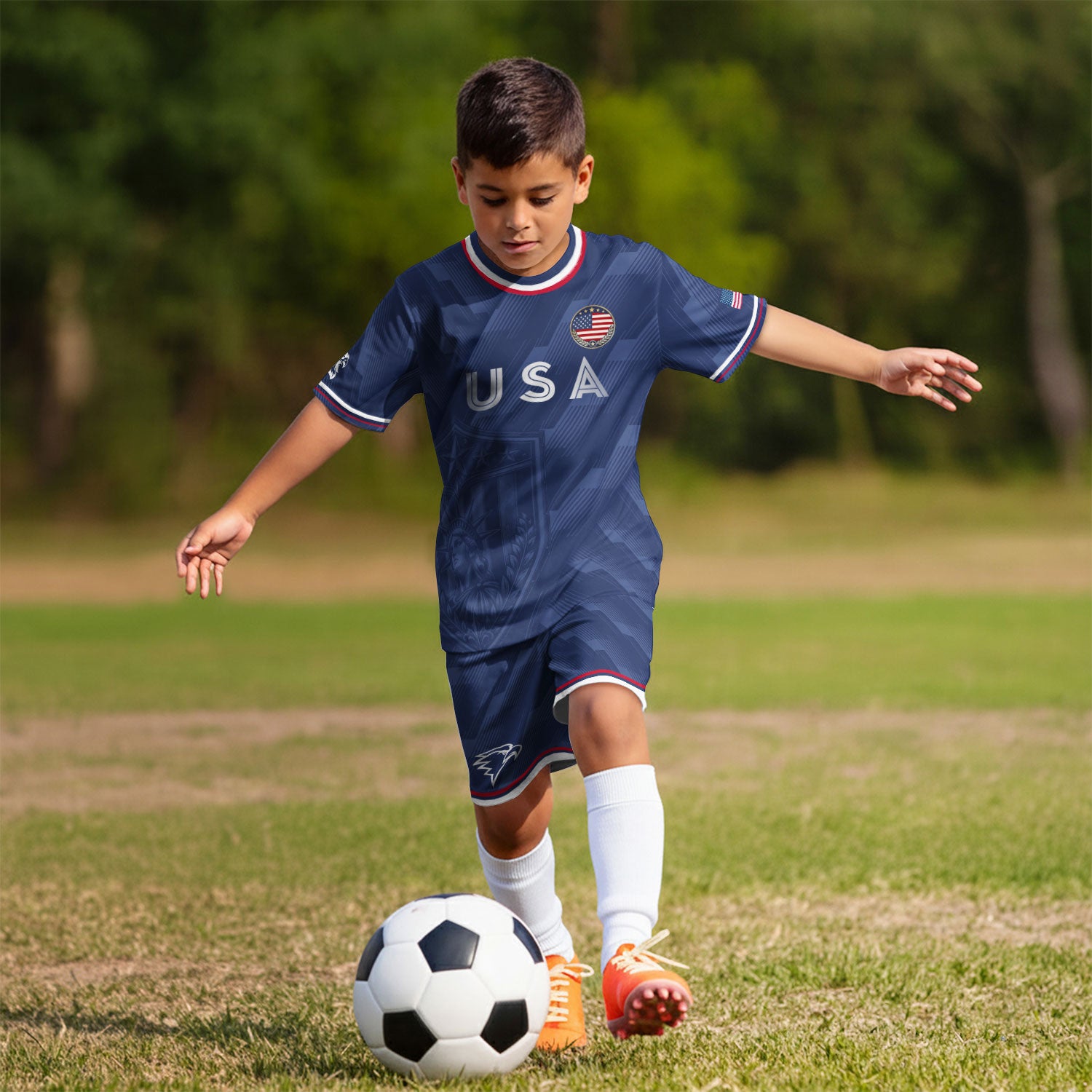 USA Soccer Jersey Kids Set Navy Patriotic Youth Football Shirt Shorts Outfit Kit