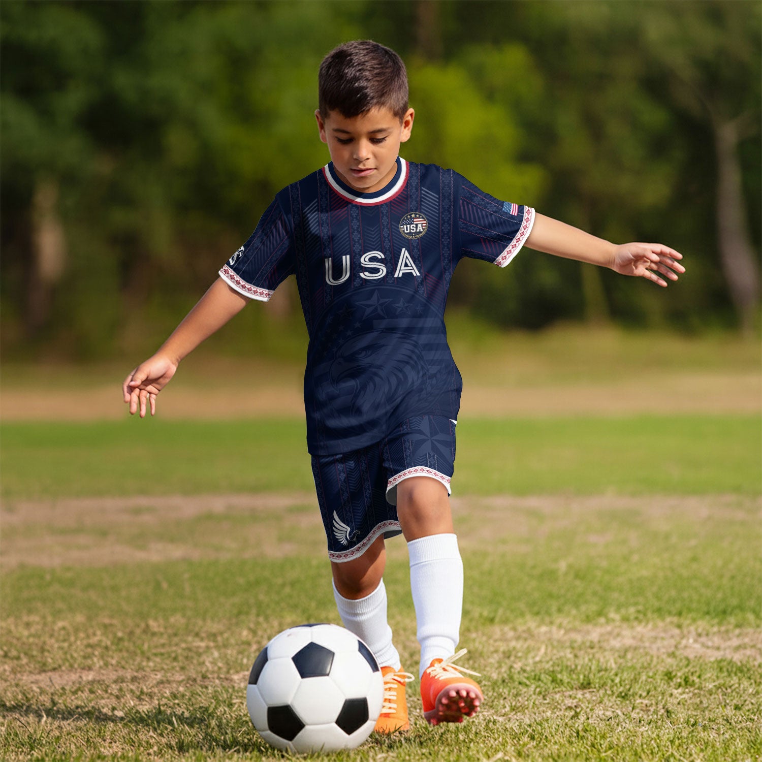 United States Soccer Jersey Kids Set Navy Soccer Ball Patriotic Youth Football Outfit Kit