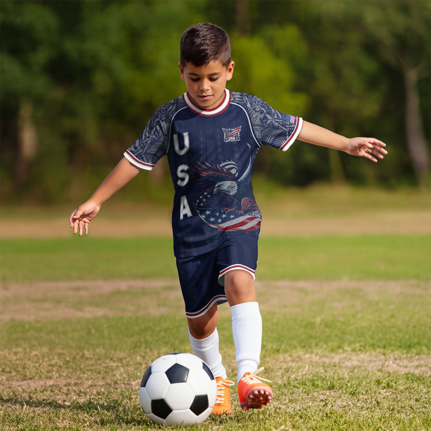 USA Soccer Jersey Kids Shorts Set Navy Athletic Football Shirt and Shorts Outfit