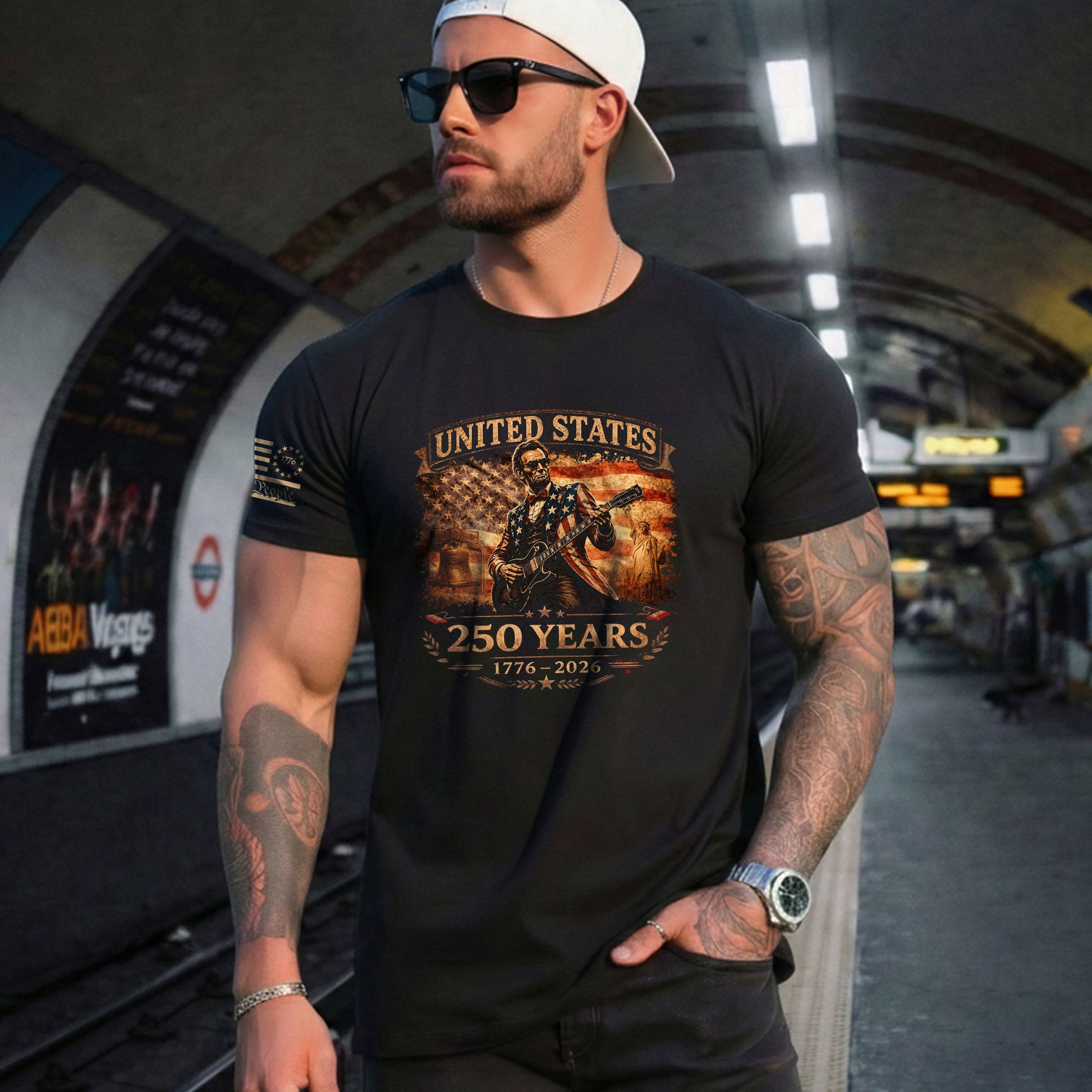 Flag Jacket Lincoln Guitar Shirt Sunglasses Liberty Bell Patriotic 1776 2026 Men Tee - Rust Field Wear