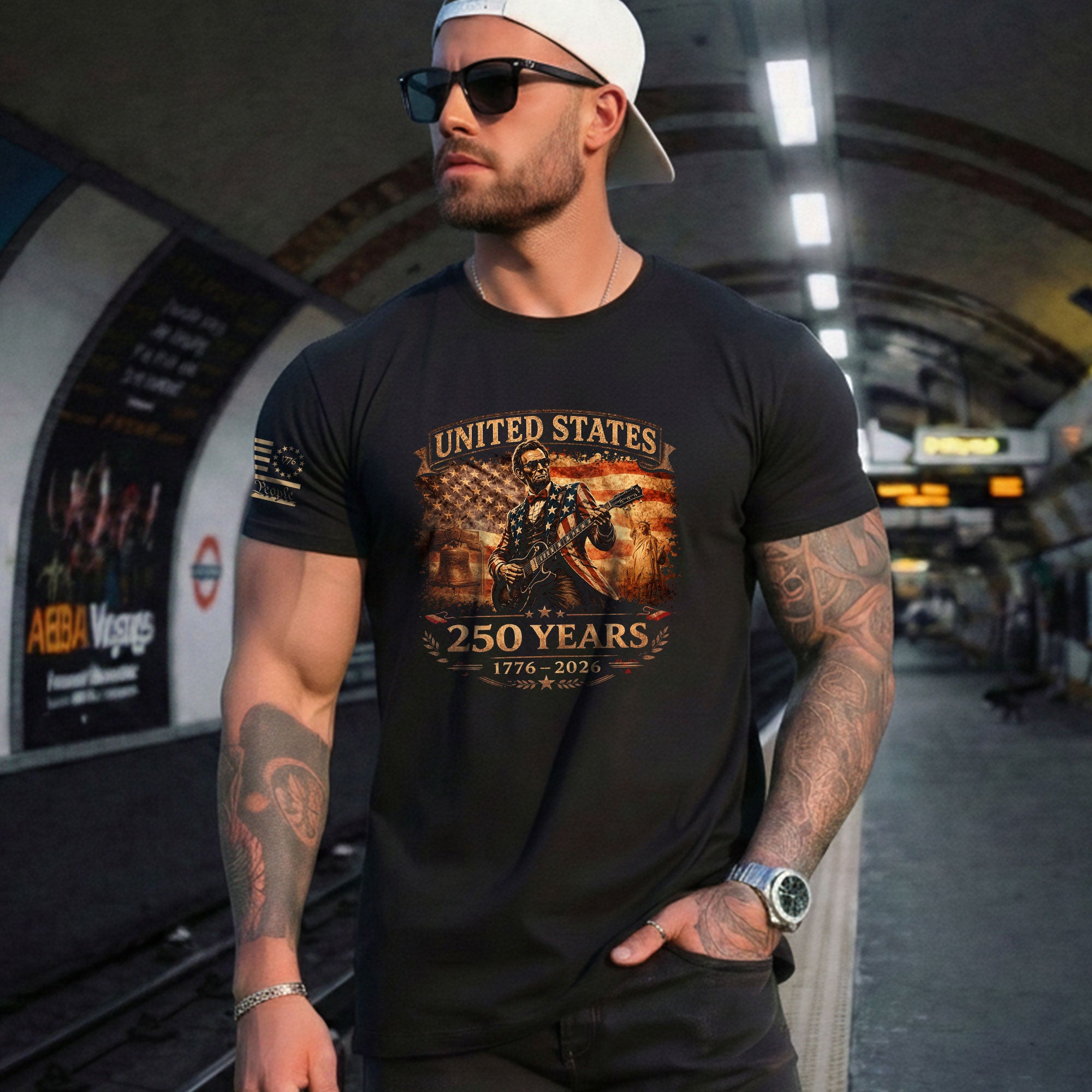 Flag Jacket Lincoln Guitar Shirt Sunglasses Liberty Bell Patriotic 1776 2026 Men Tee - Rust Field Wear
