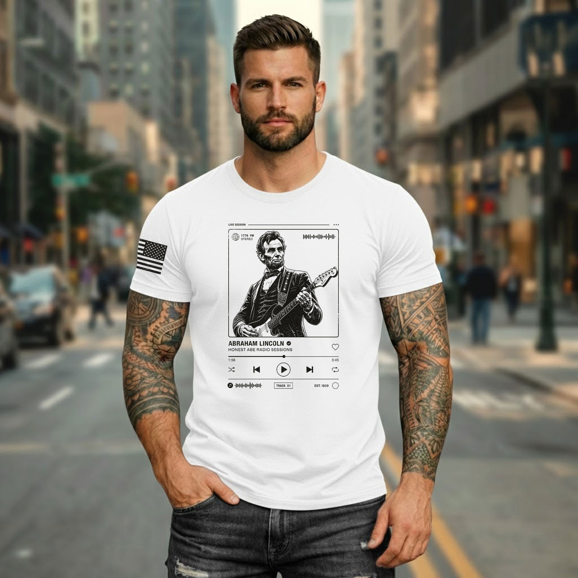 Abraham Lincoln Guitar Shirt Music Player Graphic Tee Patriotic Sketch Shirt - Rust Field Wear