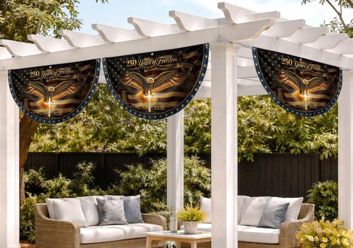 250 Years of Freedom Fence Flag 1776 2026 American Eagle Cross Patriotic Bunting Banner - Rust Field Wear