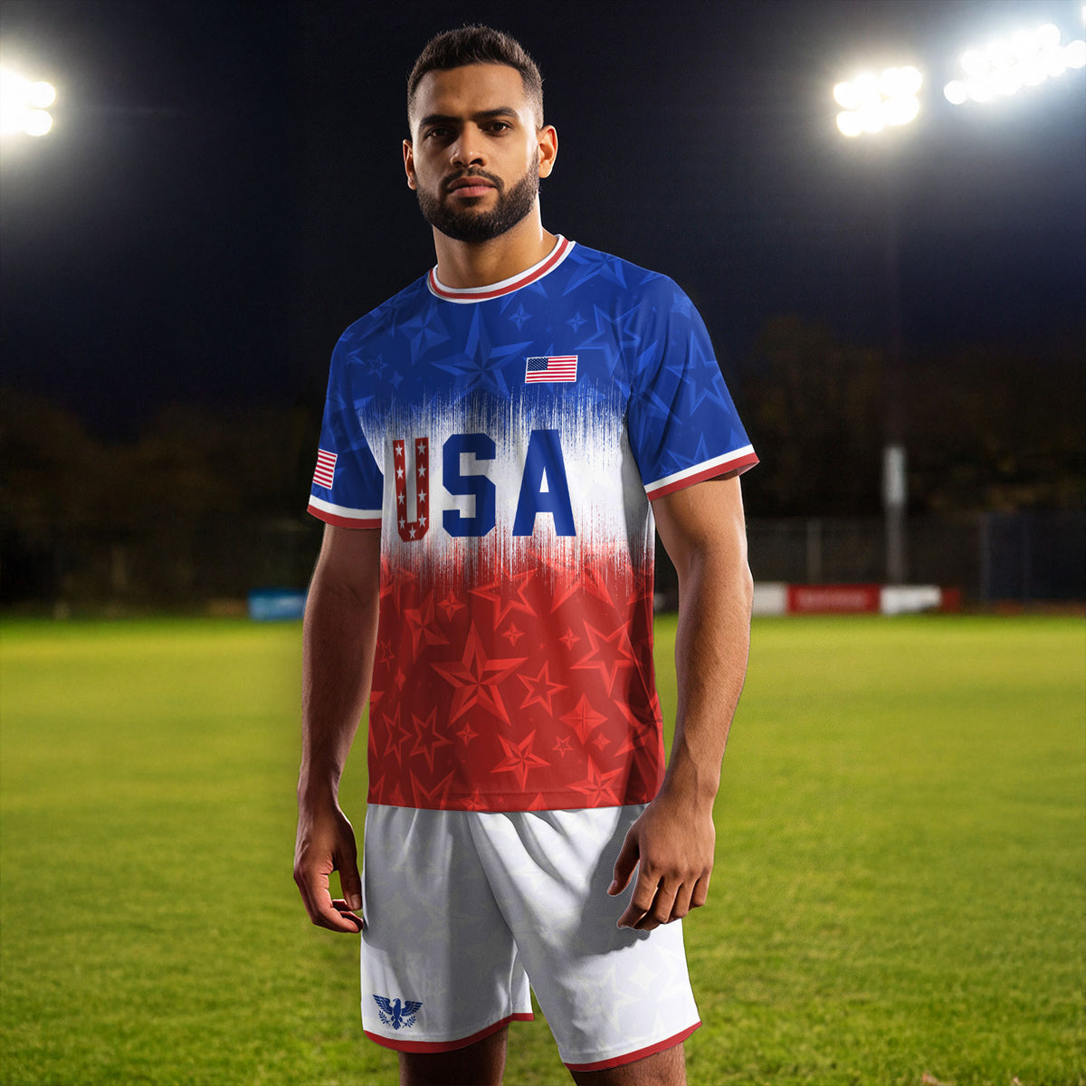 Navy Orange USA Soccer Jersey Patriotic Stars Stripes American Football Shirt Fan Apparel Tee - Rust Field Wear