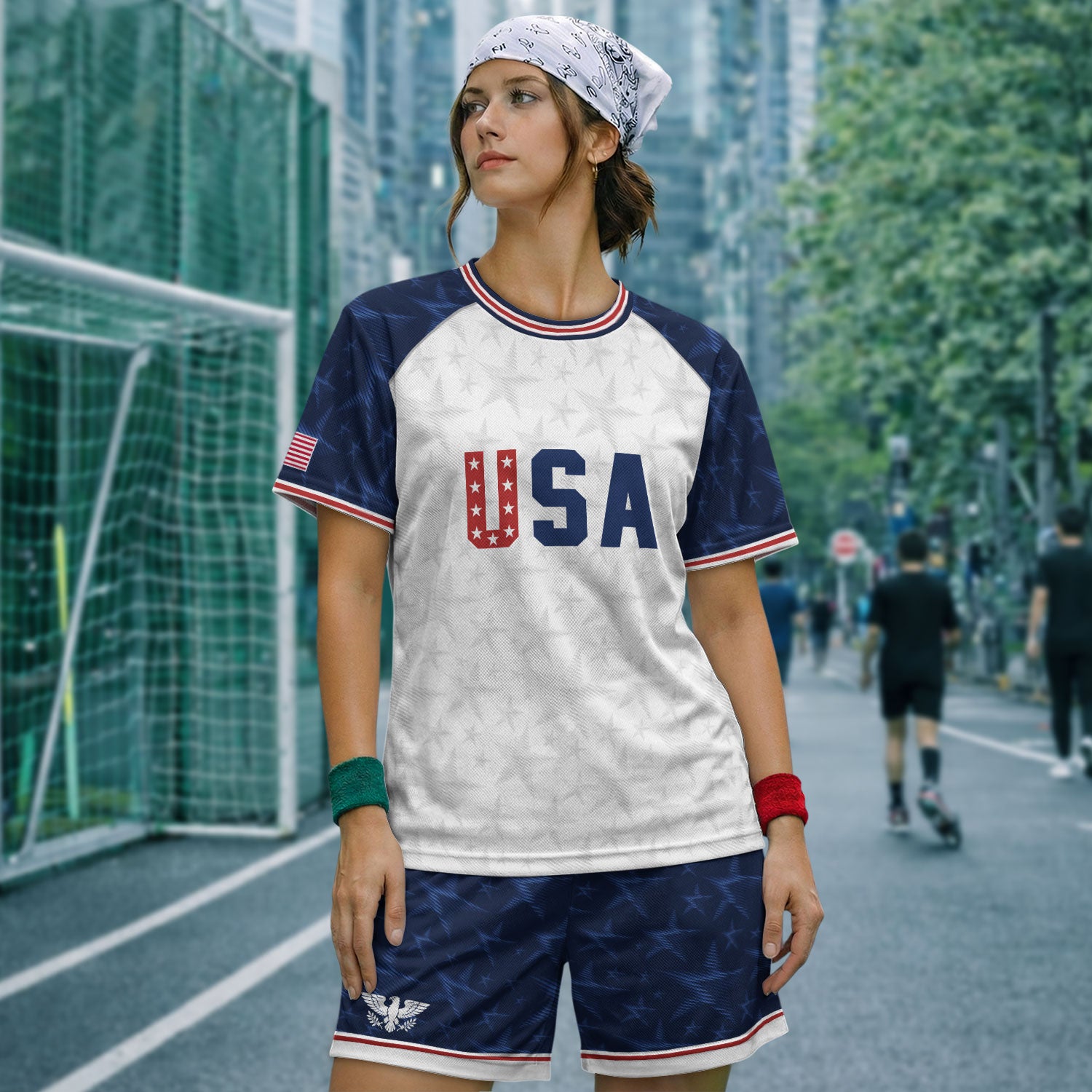 White USA Soccer Jersey Raglan American Flag Shirt Patriotic Eagle Crest Soccer Fan Tee