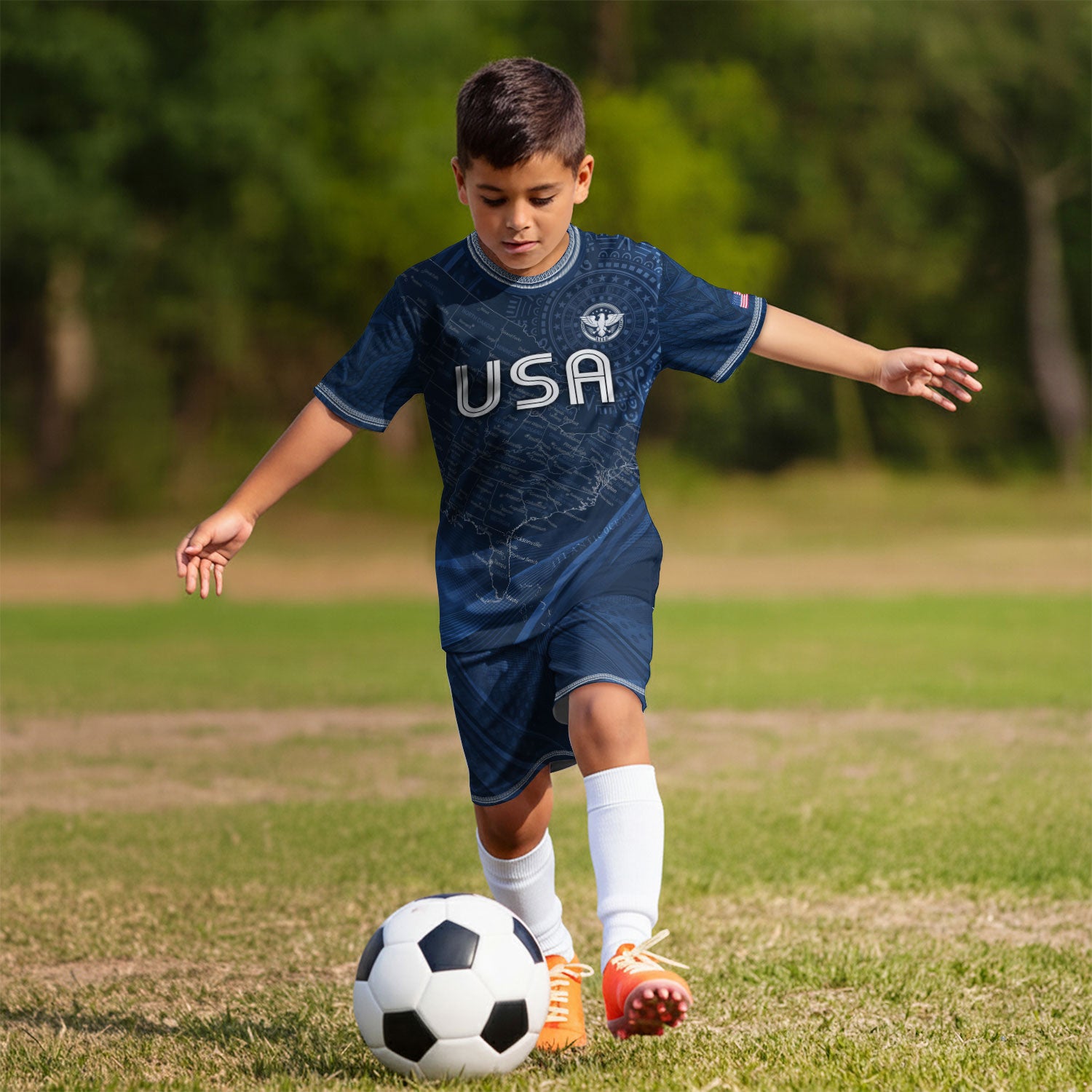 USA Kids Soccer Jersey Set Navy Blue Eagle Map Patriotic Football Outfit Kit
