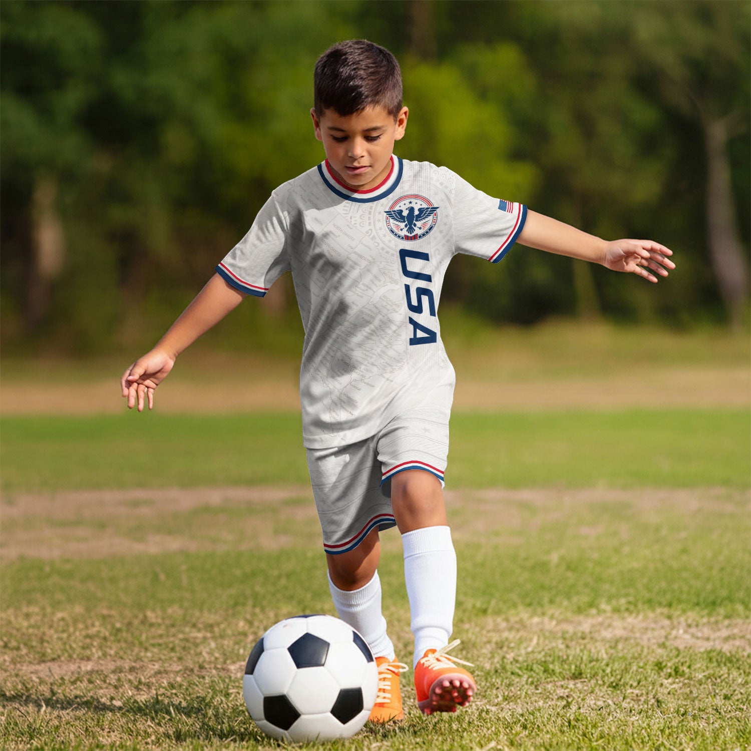 USA Kids Soccer Jersey Set White Eagle Patriotic Youth Football Outfit Kit