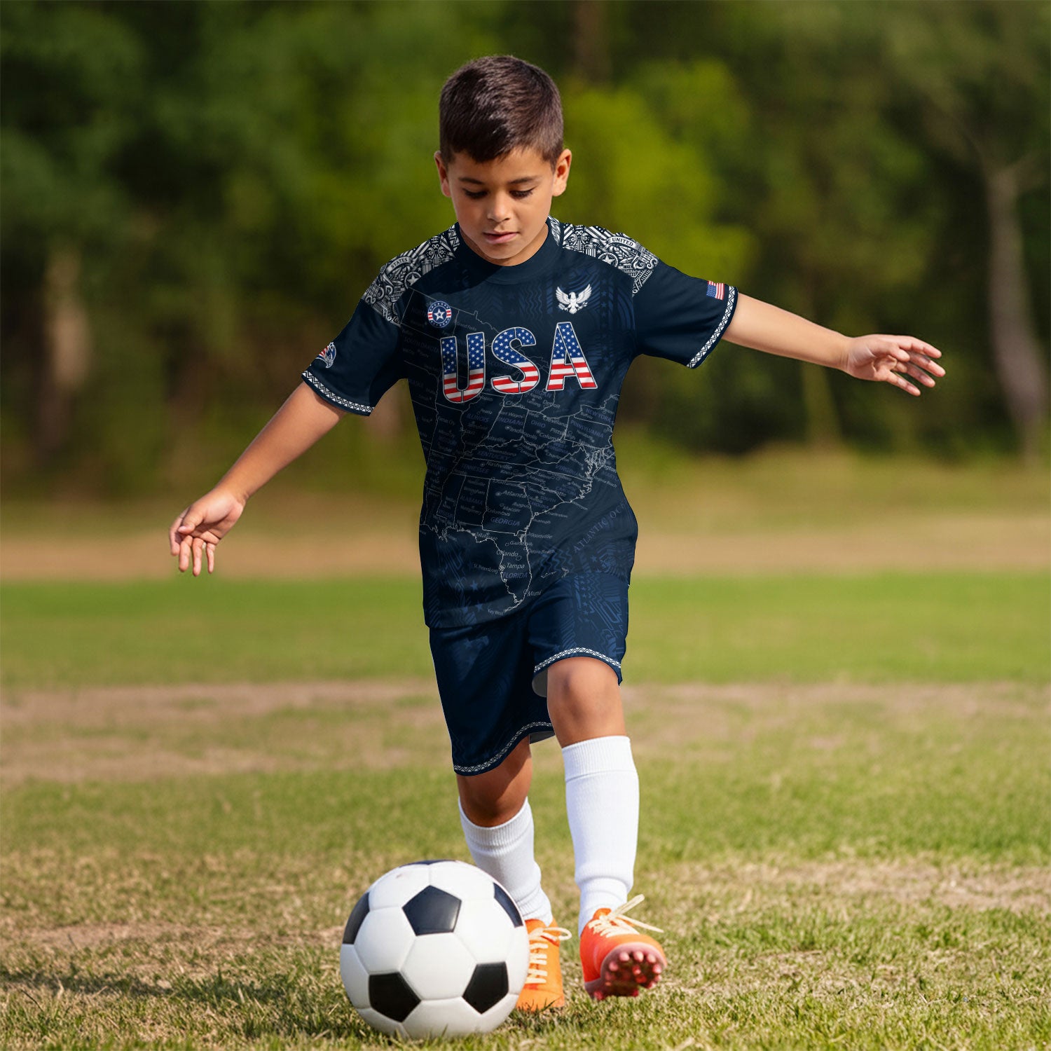 USA Kids Soccer Jersey Set Navy Blue Flag Graphic Youth Football Kit