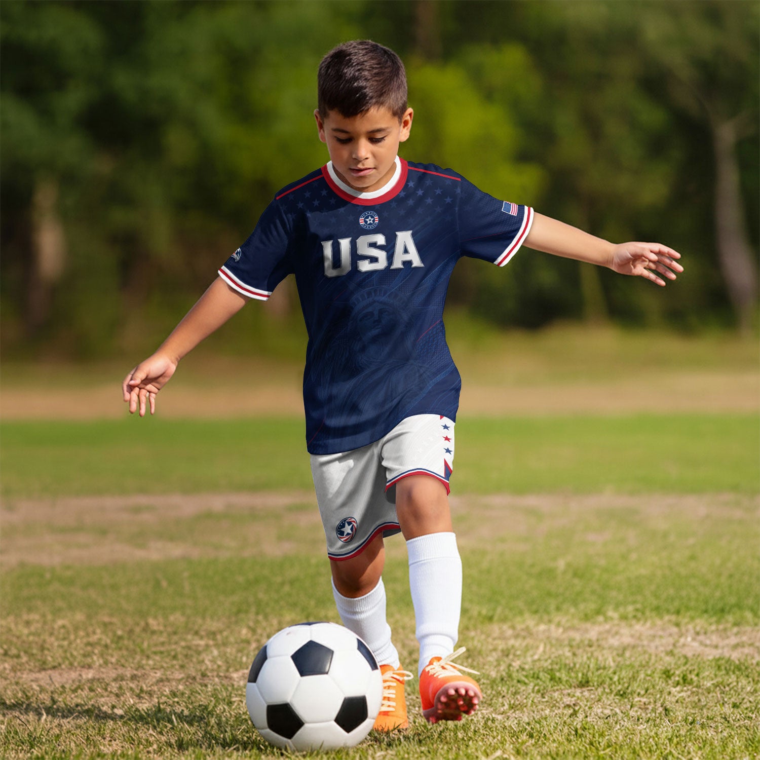 USA Kids Soccer Jersey Set Navy Blue Eagle Shield Youth Football Kit