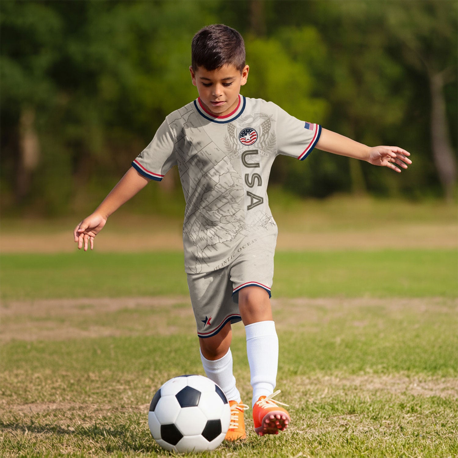 USA Kids Soccer Jersey Set Off White Map Graphic Youth Football Kit
