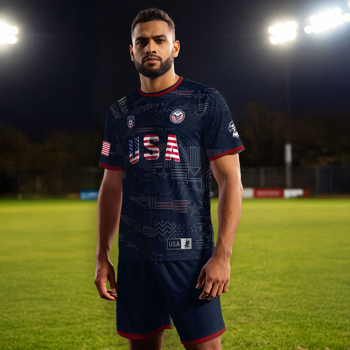 Adult Men Women USA Soccer Jersey Patriotic Flag Letters United States Fan Shirt - Rust Field Wear