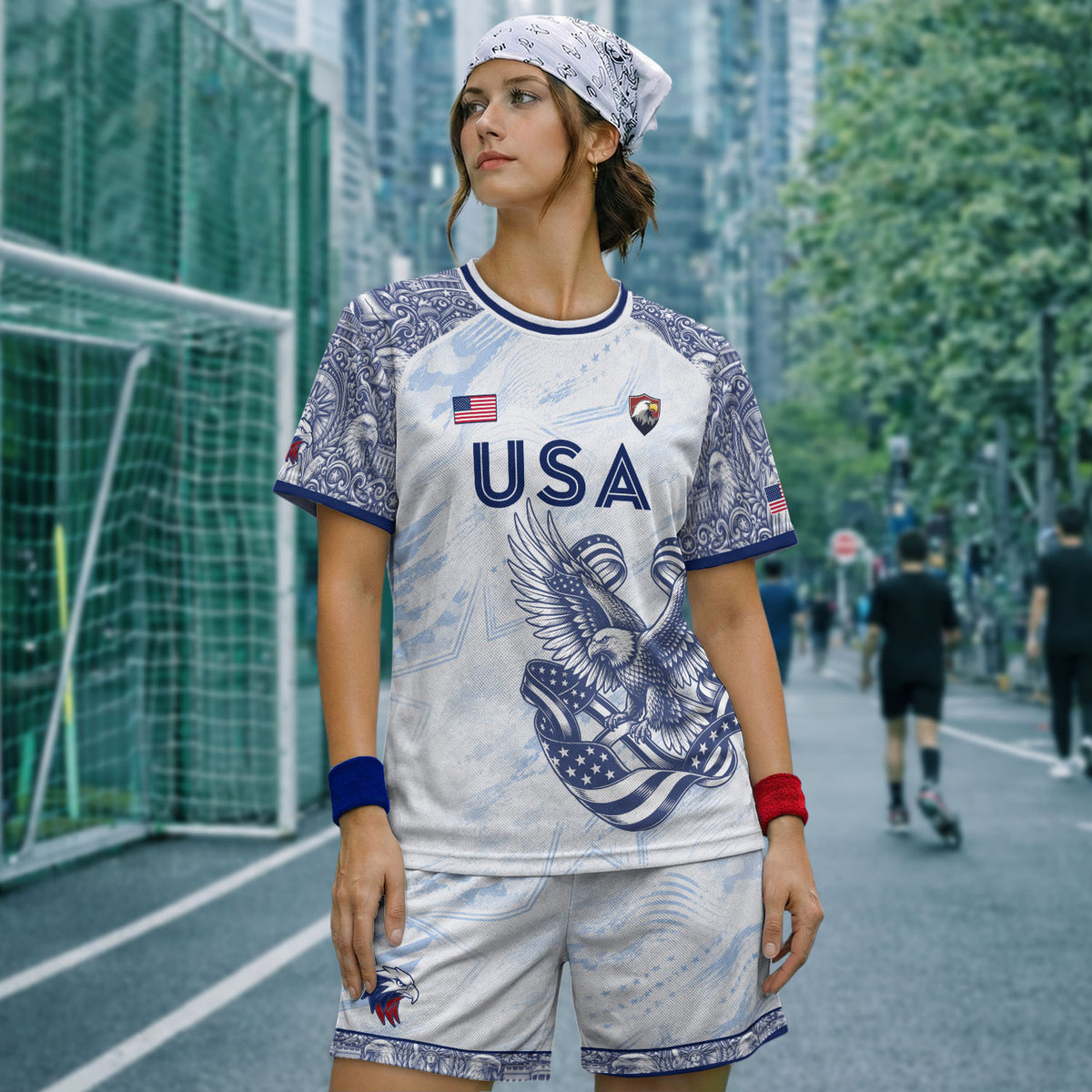 Athletic White Blue USA Soccer Jersey Adult Patriotic Eagle United States Team Shirt - Rust Field Wear