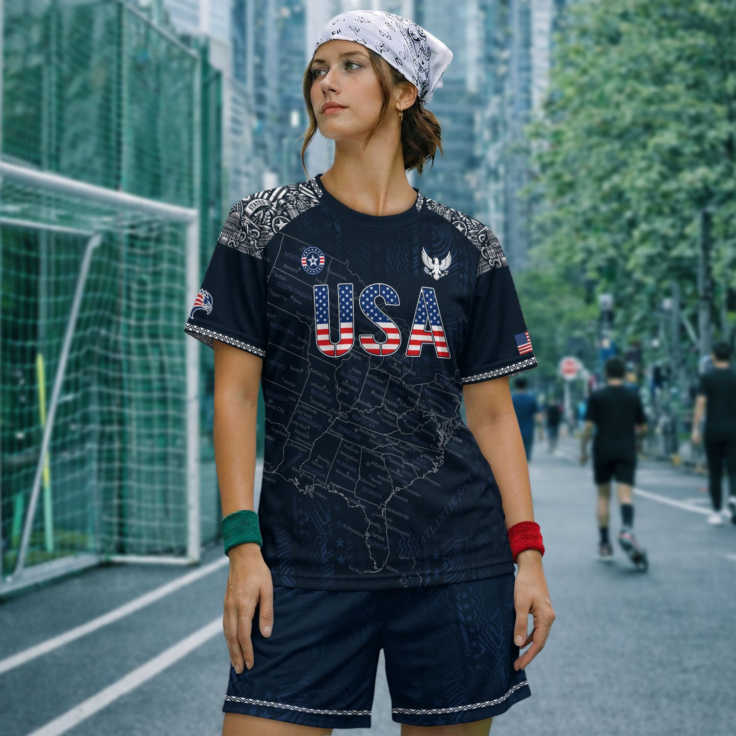 Navy USA Soccer Jersey Flag Pattern US Map American Shirt Patriotic Stars Stripes