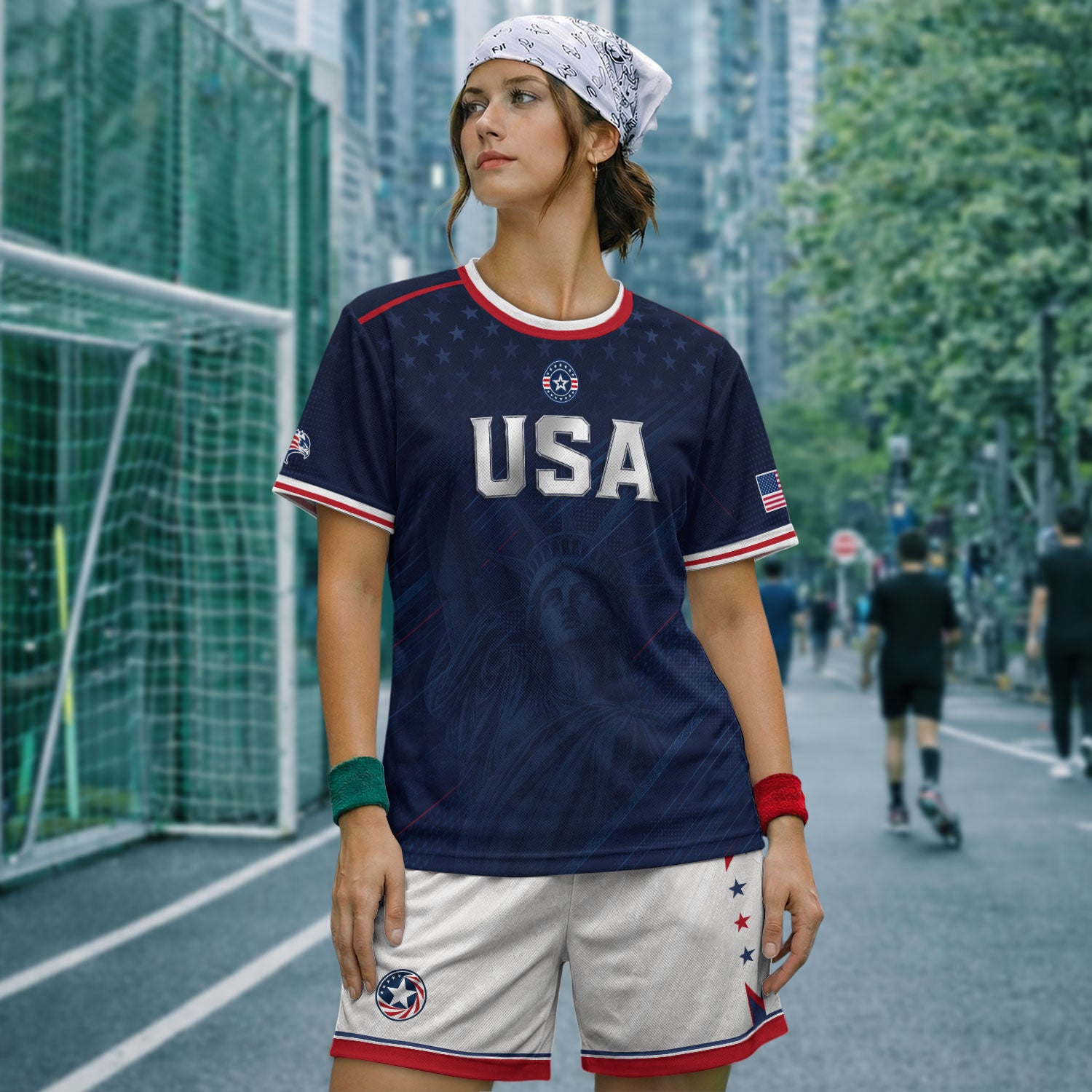 Navy USA Soccer Jersey Men Patriotic United States Football Shirt Silver USA Text Gift