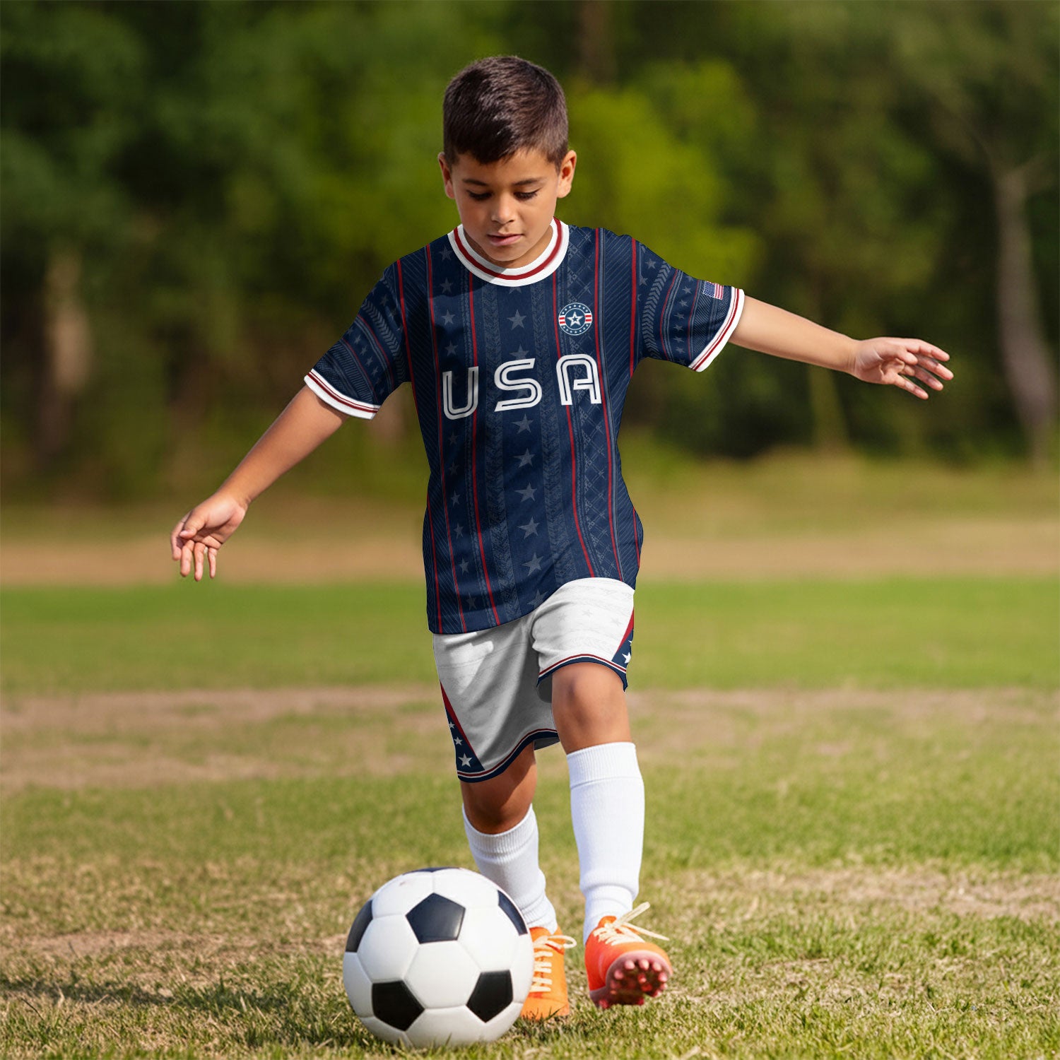 USA Kids Soccer Jersey Set Navy Blue White Striped Youth Football Kit