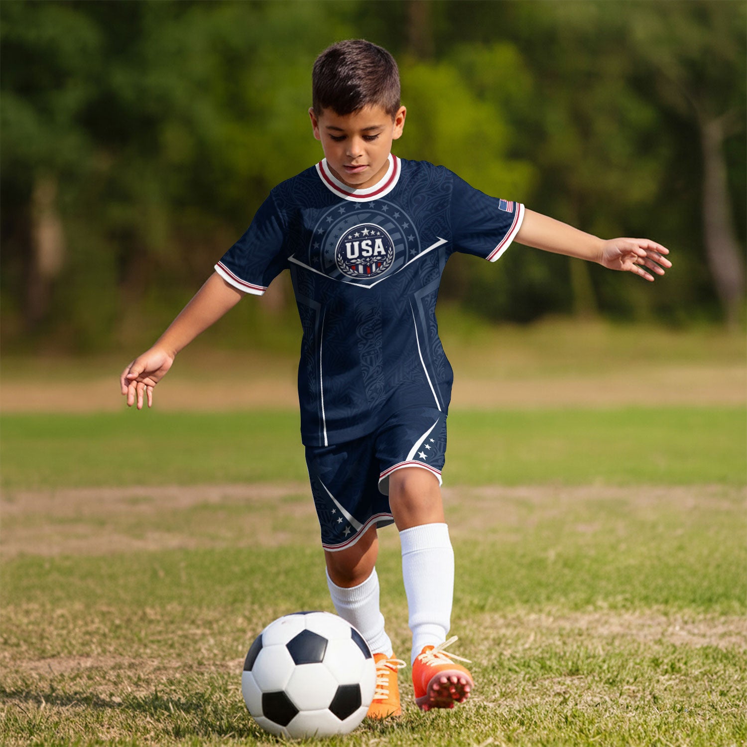 USA Kids Soccer Jersey Set Navy Blue Eagle Shield Youth Sports Kit