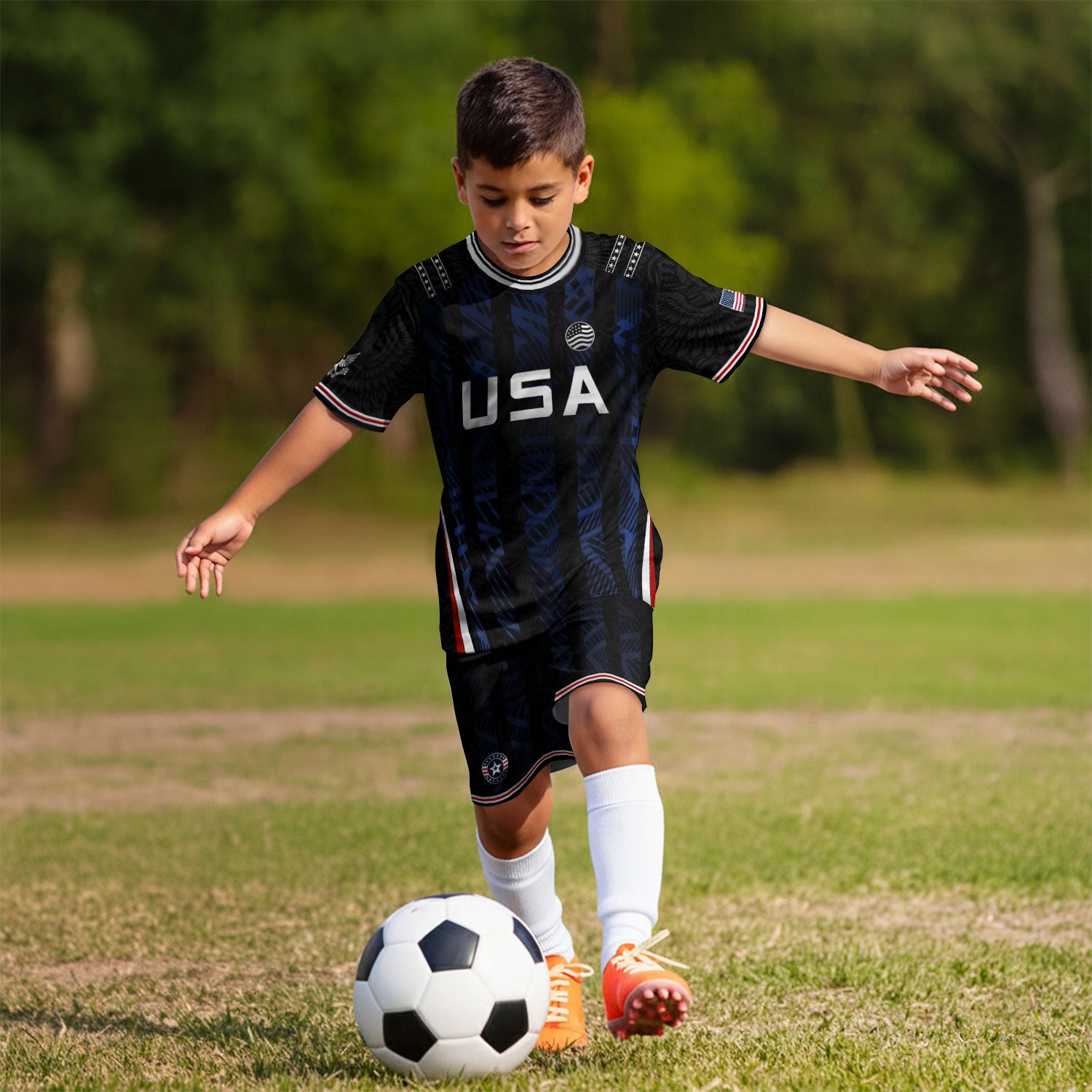 USA Kids Soccer Jersey Set Black Navy Eagle Crest Youth Football Kit
