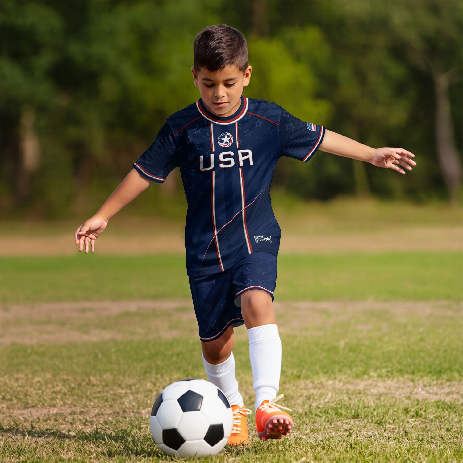 USA Kids Soccer Jersey Set Navy Blue Red Line Youth Football Outfit