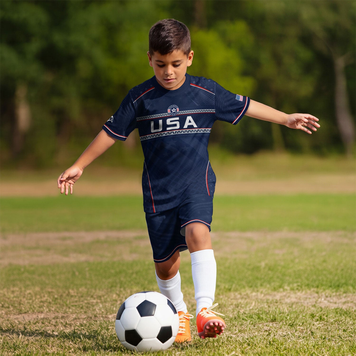 USA Kids Soccer Jersey Set Navy Blue Chest Stripe Youth Football Kit