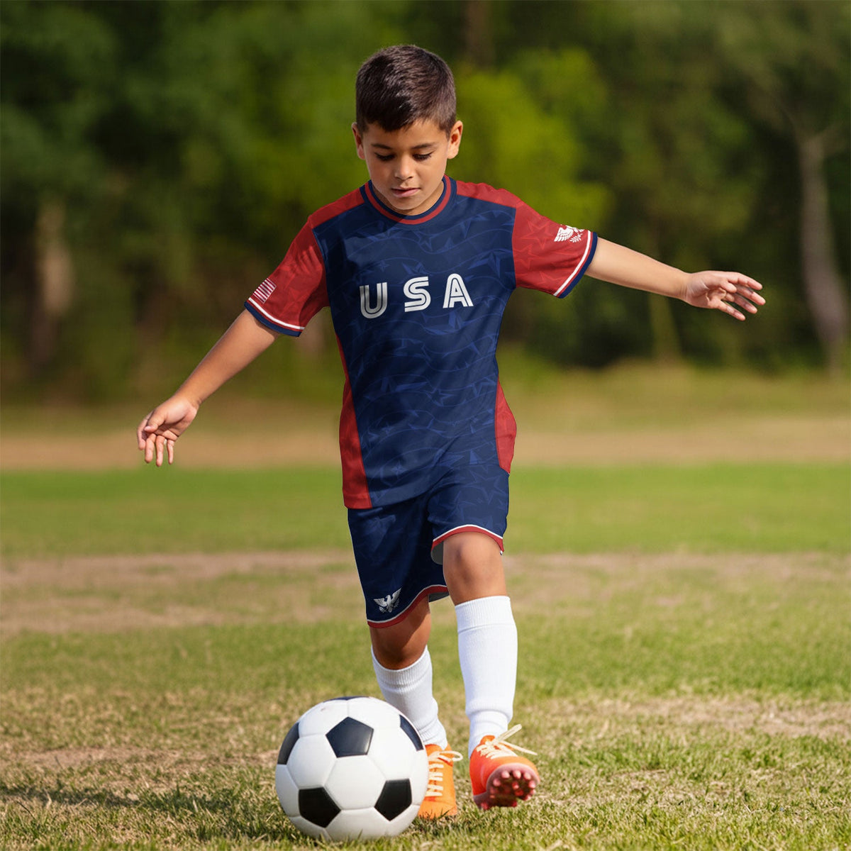 USA Kids Soccer Jersey Youth Navy Blue Red Patriotic Stars Graphic Football Shirt - Rust Field Wear