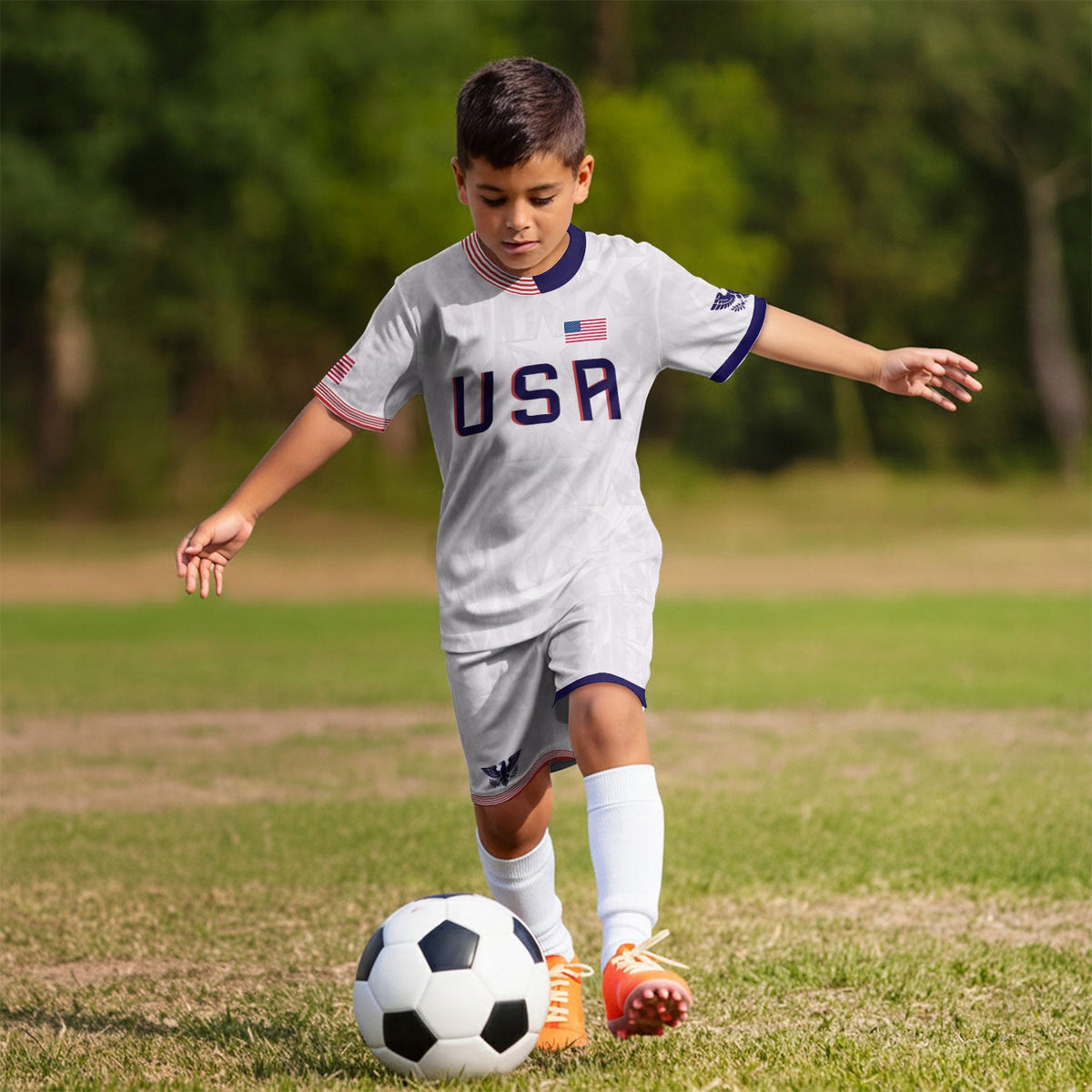USA Kids Soccer Jersey Youth White Patriotic Stars Eagle Graphic Football Shirt - Rust Field Wear