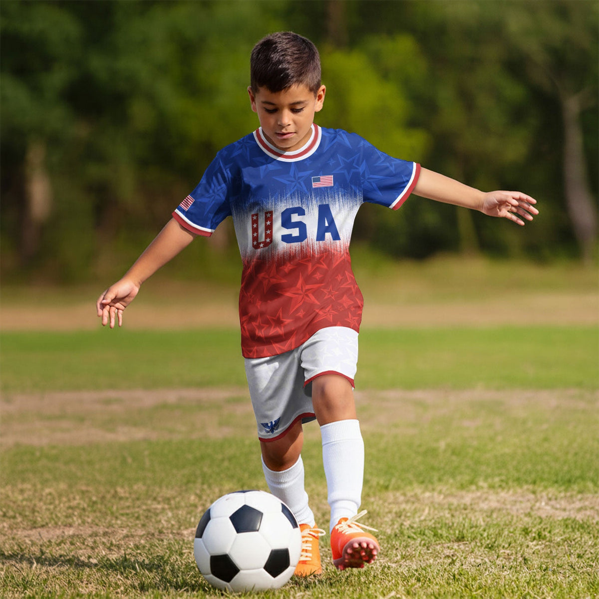 USA Kids Soccer Jersey Youth Blue White Red Tie Dye Stars Patriotic Football Shirt - Rust Field Wear