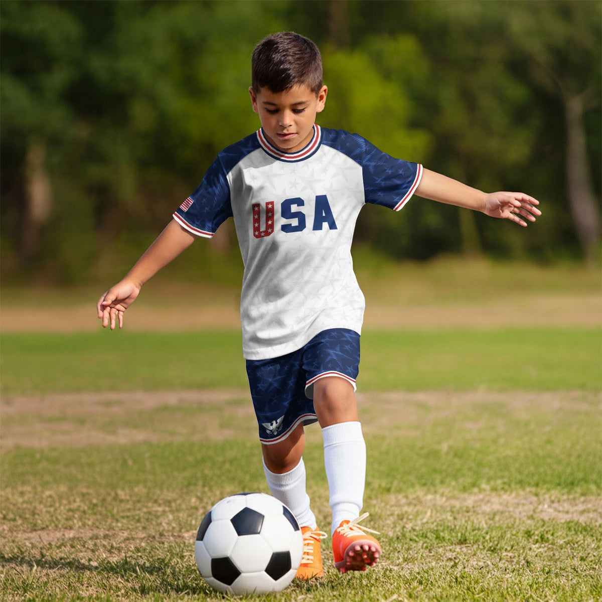 USA Kids Soccer Jersey Youth White Blue Raglan Patriotic Stars Eagle Football Shirt - Rust Field Wear