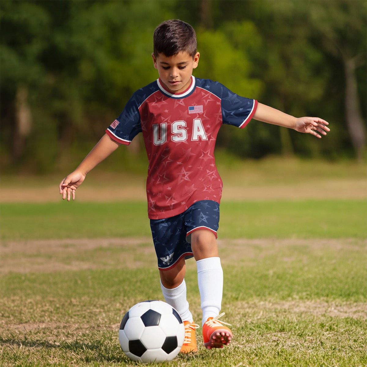 USA Kids Soccer Jersey Youth Red Blue Raglan Patriotic Stars Eagle Football Shirt - Rust Field Wear