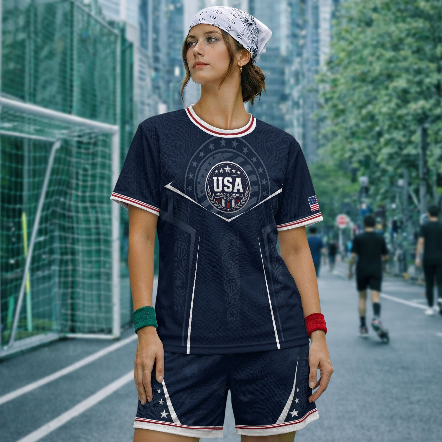 USA Soccer Jersey Navy Blue American Flag Shirt Patriotic Eagle Shield Fan Tee