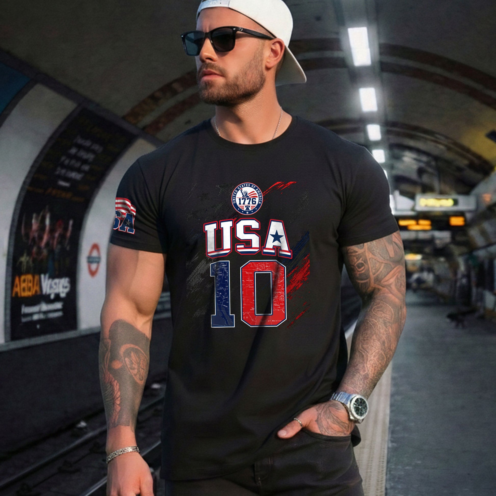 USA 1776 Sport Graphic Tee Patriotic Number 10 Map Design Casual Short Sleeve Shirt - Rust Field Wear