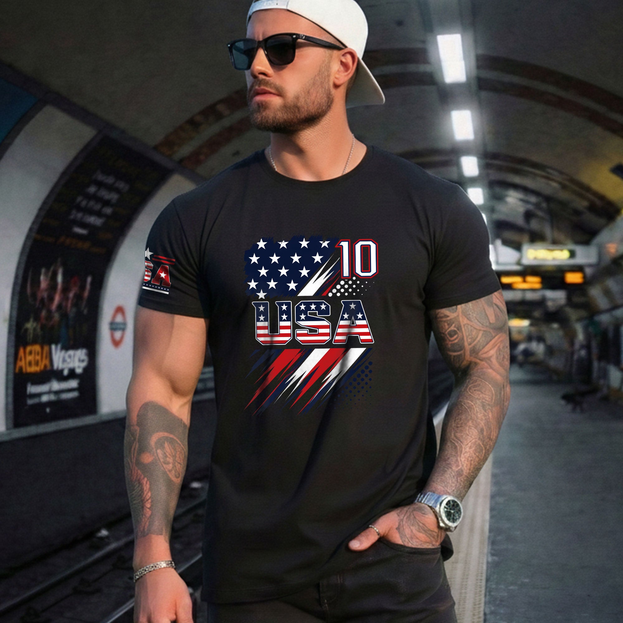 USA Number 10 Sport Tee Patriotic Stars And Stripes Graphic Mens Casual Fashion Shirt - Rust Field Wear