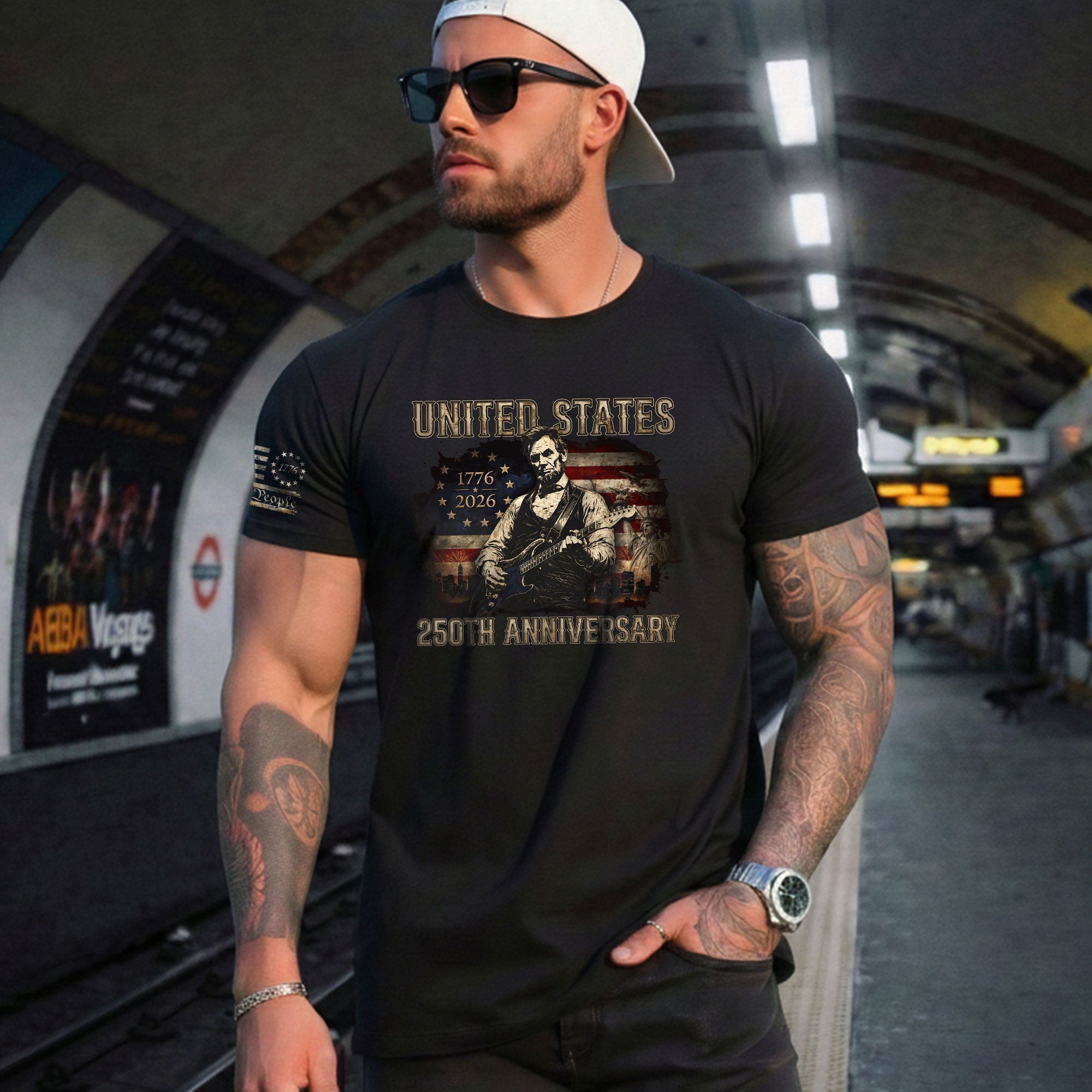 Abraham Lincoln T-Shirt Playing Guitar 1776 2026 Patriotic US Flag 250th Anniversary - Rust Field Wear