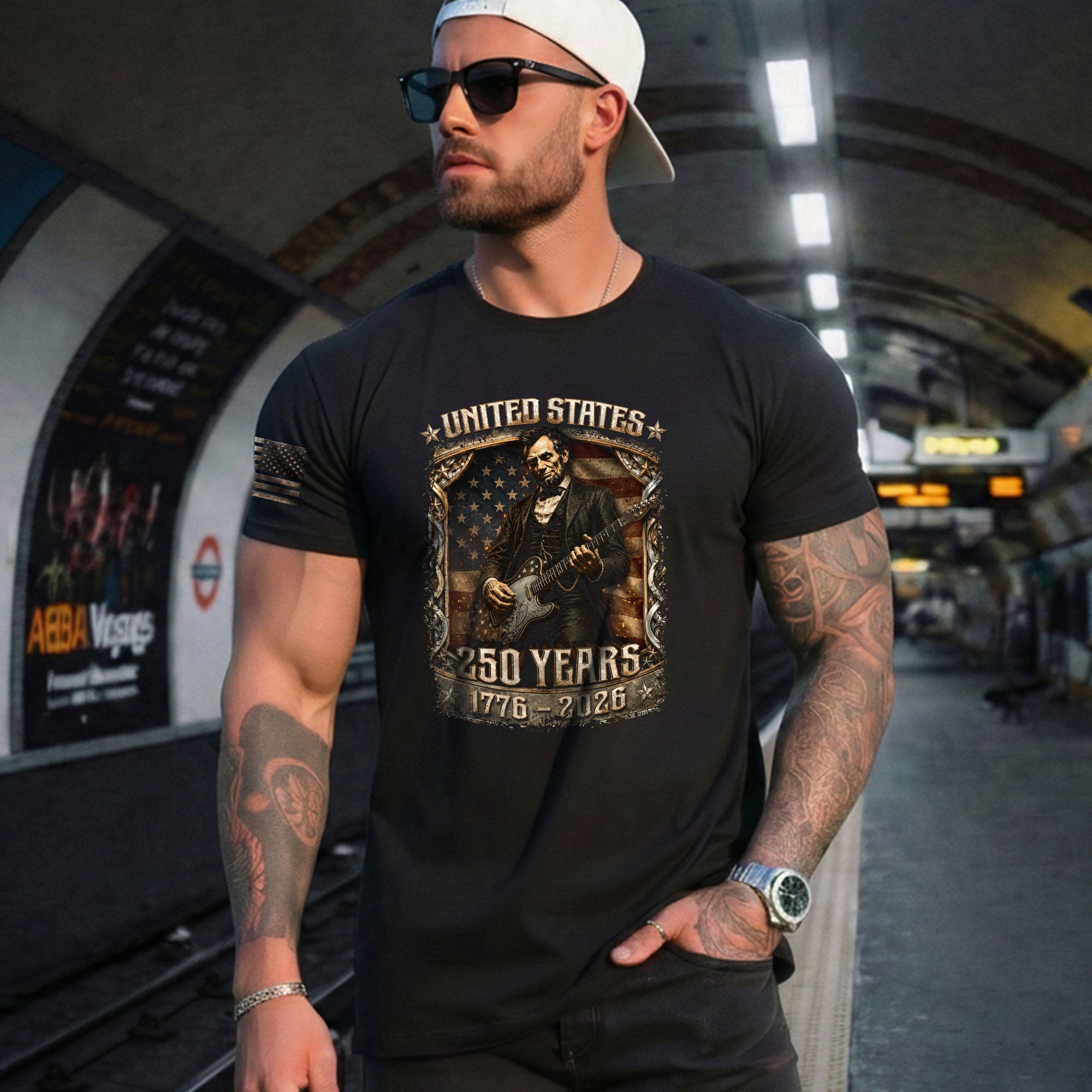 Abraham Lincoln T-Shirt Playing Guitar 1776 2026 Patriotic US Flag Retro Graphic Tee - Rust Field Wear
