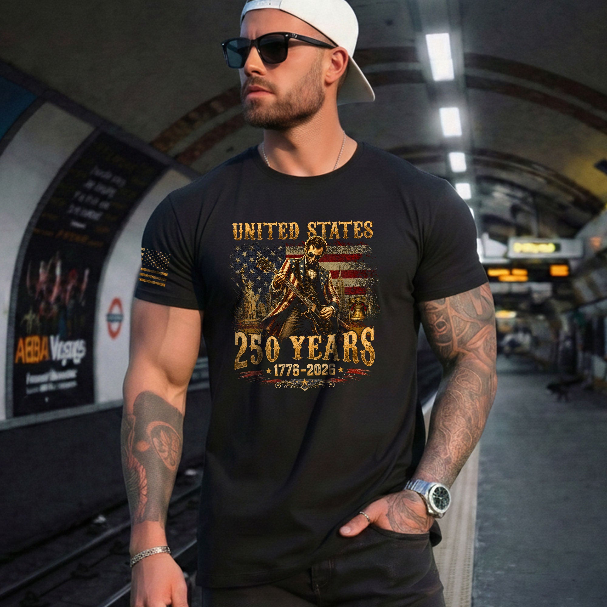 Abraham Lincoln T-Shirt Playing Guitar 1776 2026 Patriotic Statue Liberty Graphic Tee - Rust Field Wear