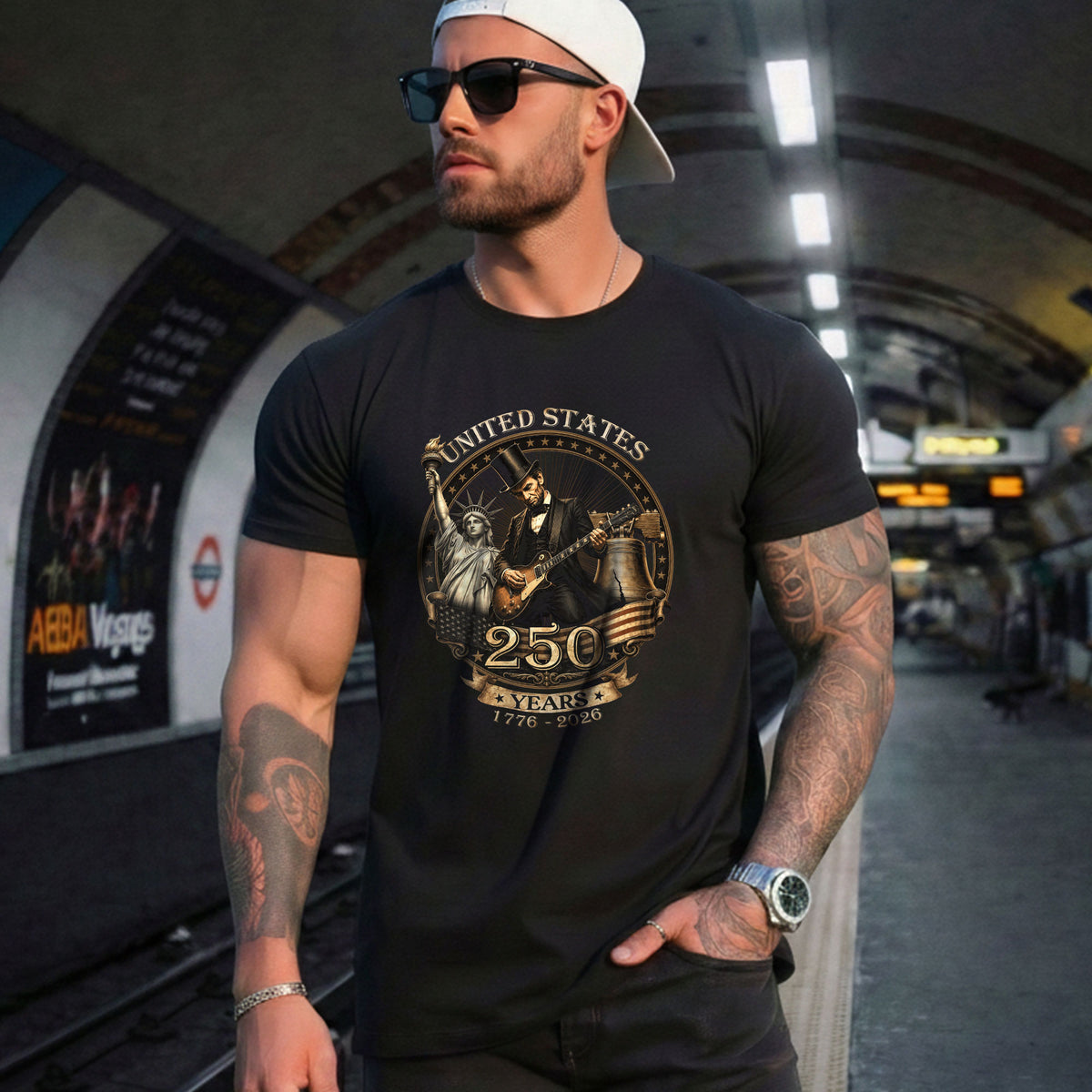 Lincoln Rock Guitar Patriotic T-Shirt - Vintage Statue of Liberty 1776 2026 Apparel - Rust Field Wear