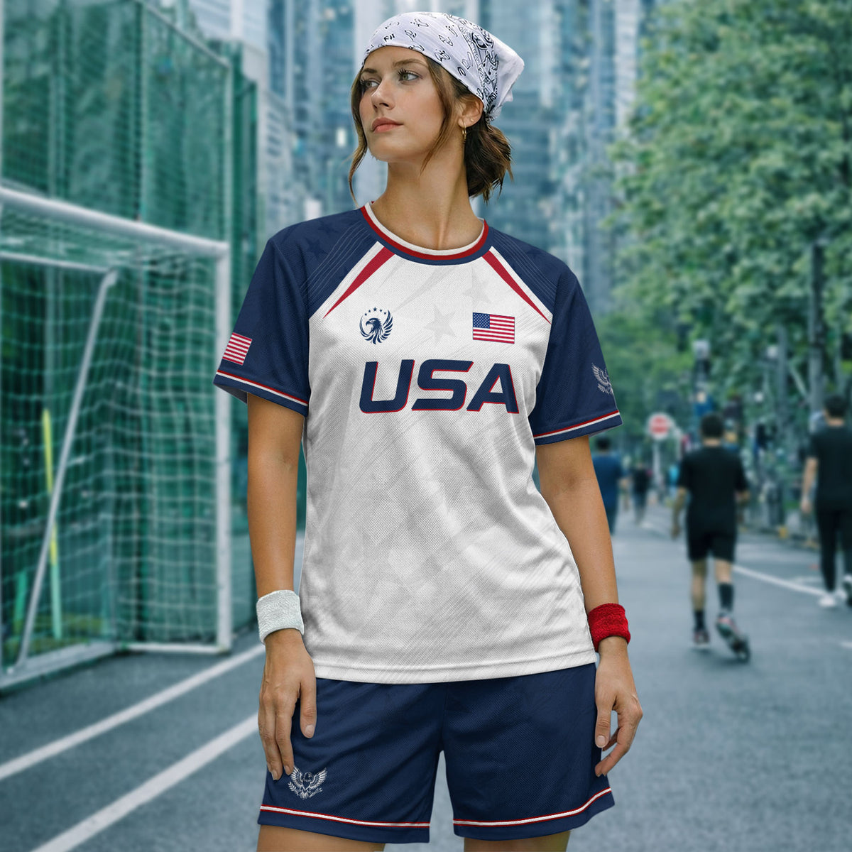 USA Soccer Jersey Adult White Navy Patriotic Diagonal Stripe Shirt United States Tee - Rust Field Wear