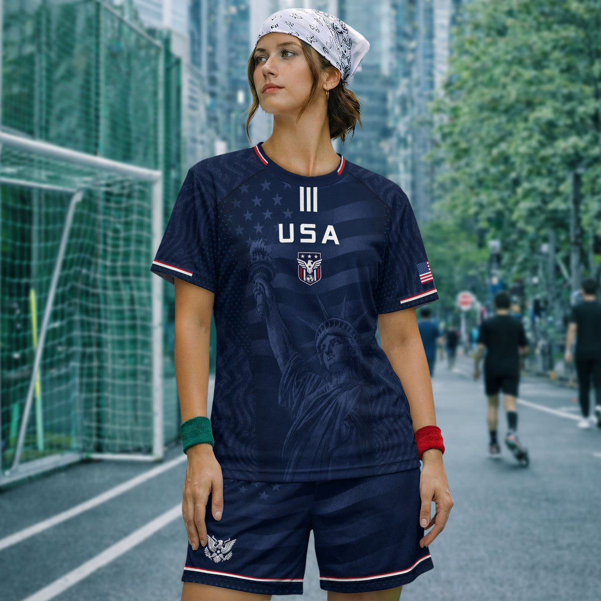 Adult USA Soccer Jersey Navy Patriotic Statue of Liberty Artistic Graphic Football Tee upsale - Rust Field Wear