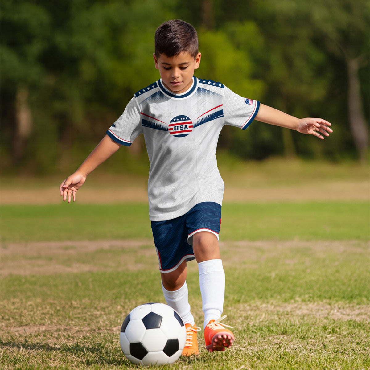 Kids USA Soccer Jersey Youth Patriotic White Chevron Emblem Star United States Sport Tee - Rust Field Wear