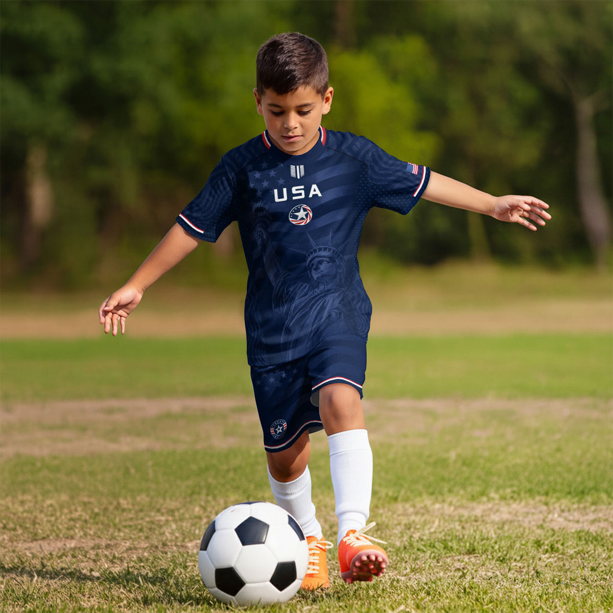 Kids USA Soccer Jersey Youth Patriotic Navy Statue of Liberty Graphic United States Tee - Rust Field Wear