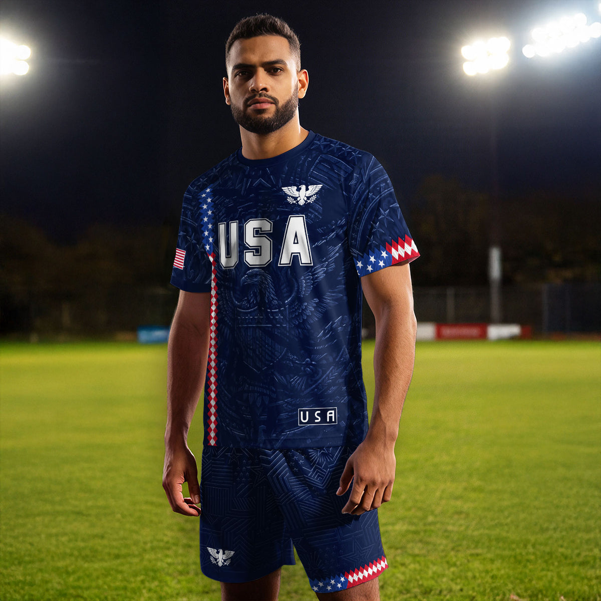 USA Soccer Jersey Men Navy Blue Eagle Flag Pattern Patriotic Football Shirt