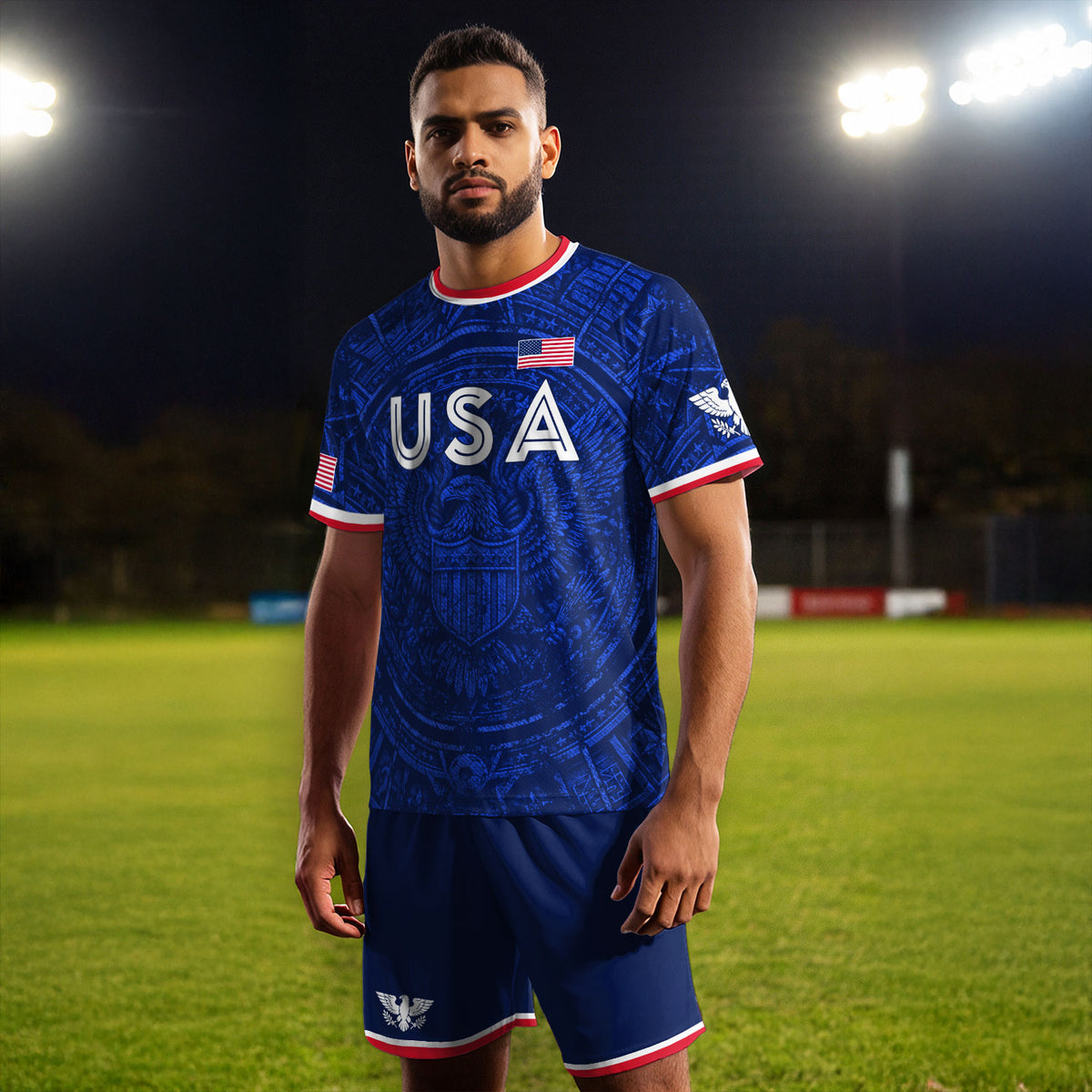 USA Soccer Jersey Men Royal Blue Eagle Graphic Patriotic Football T-Shirt