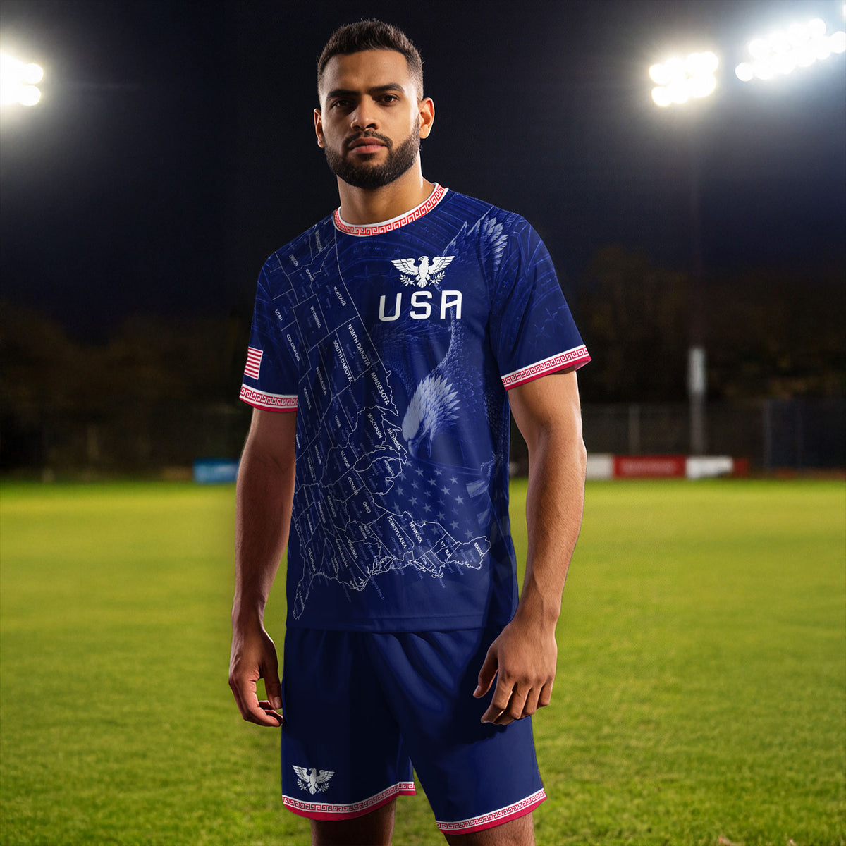 USA Soccer Jersey Men Navy Blue Eagle Map Graphic Patriotic Football T-Shirt