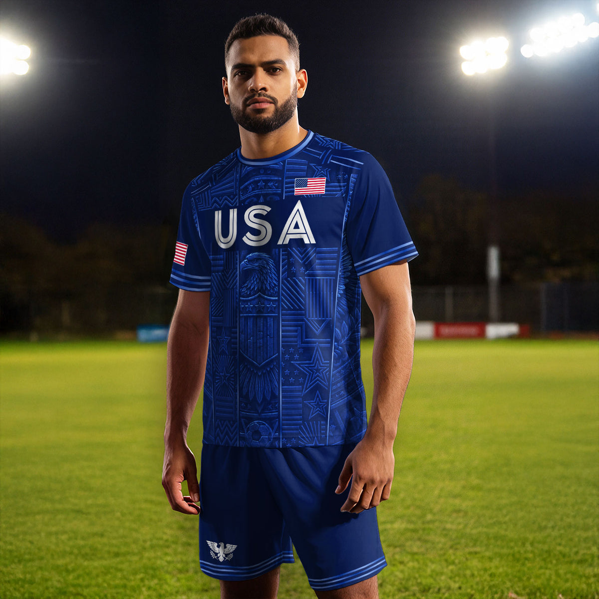 USA Soccer Jersey Men Navy Blue Eagle Star Pattern Patriotic Football T-Shirt