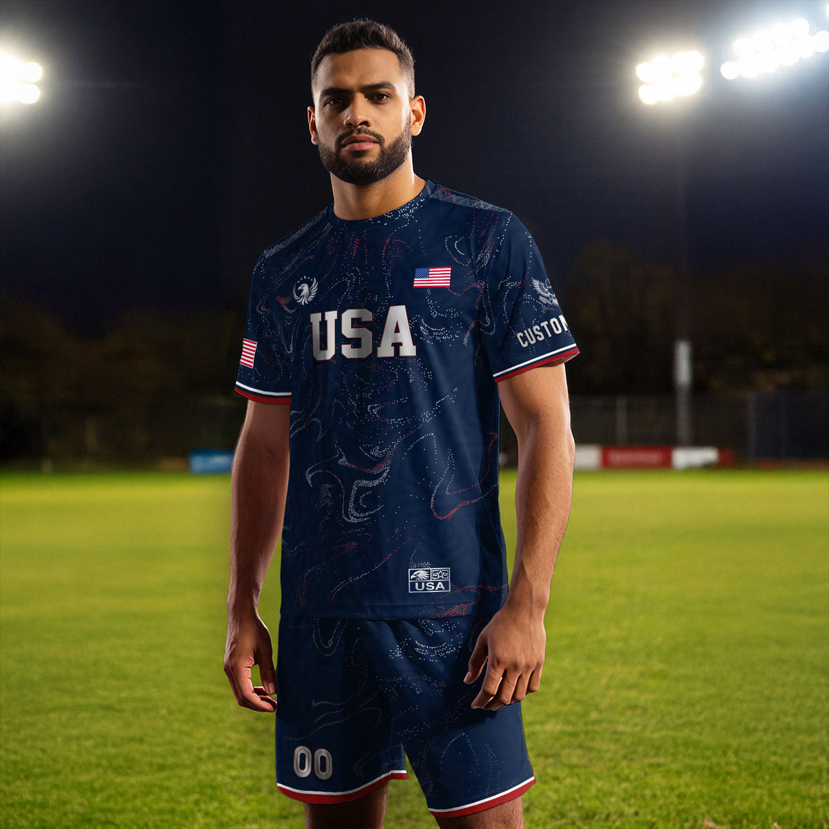 Custom Adult USA Soccer Jersey Navy Blue Patriotic American Flag Marble Football Shirt - Rust Field Wear