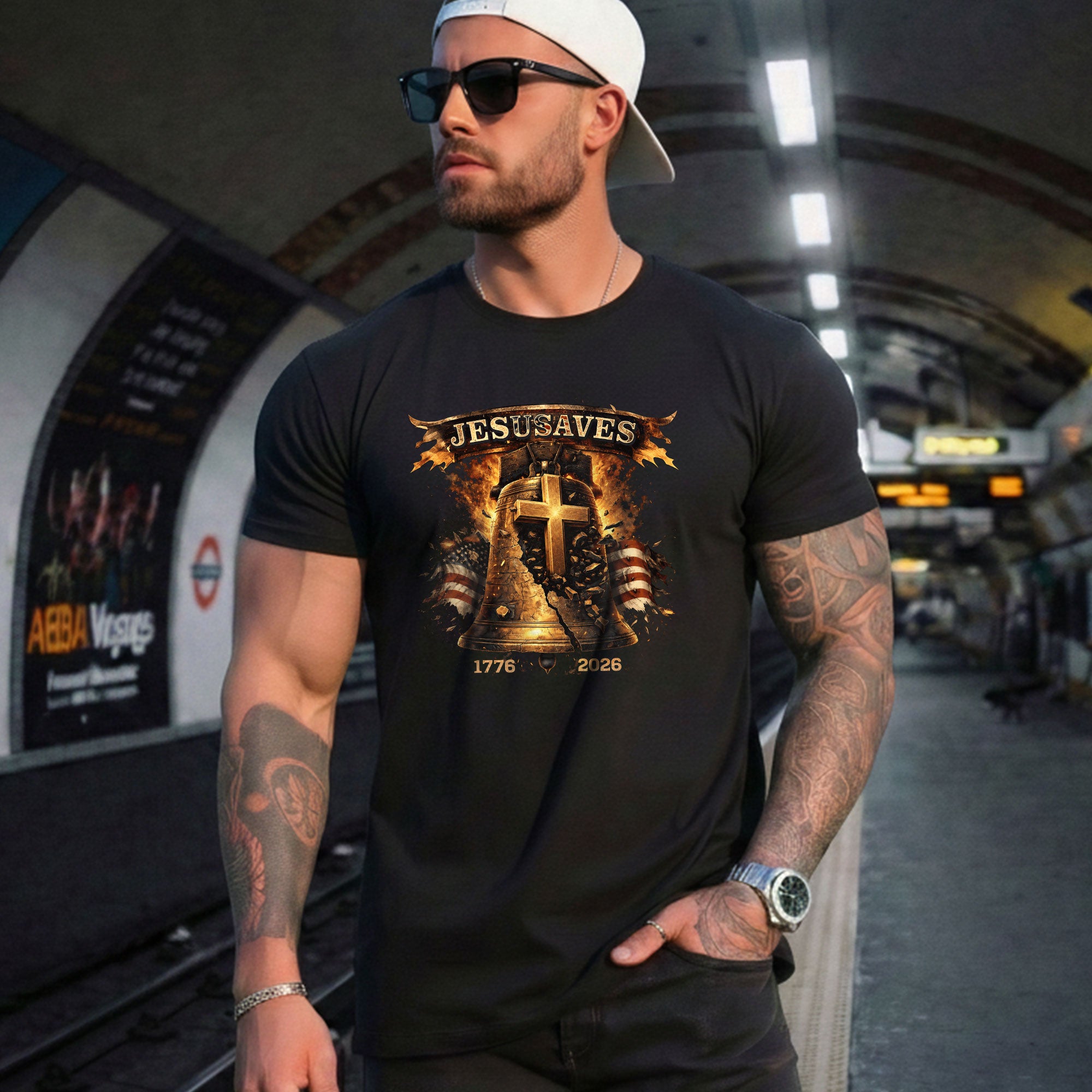Faith Based JESUSAVES USA Flag Liberty Bell Graphic Tee 1776 to 2026 Commemorative Top - Rust Field Wear