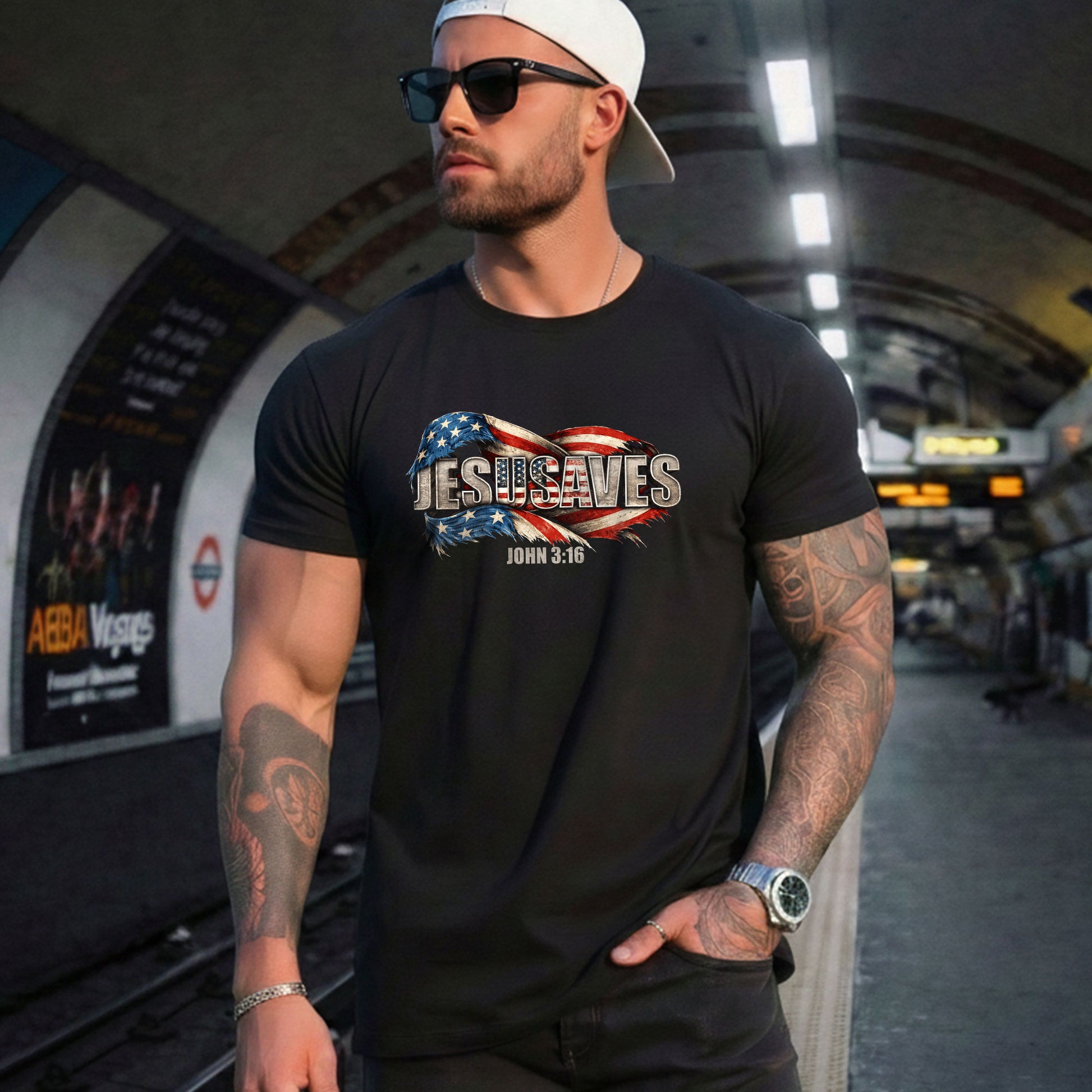 Distressed Flag JESUSAVES Graphic T Shirt John 3 16 Spiritual Patriotic Cotton Top - Rust Field Wear